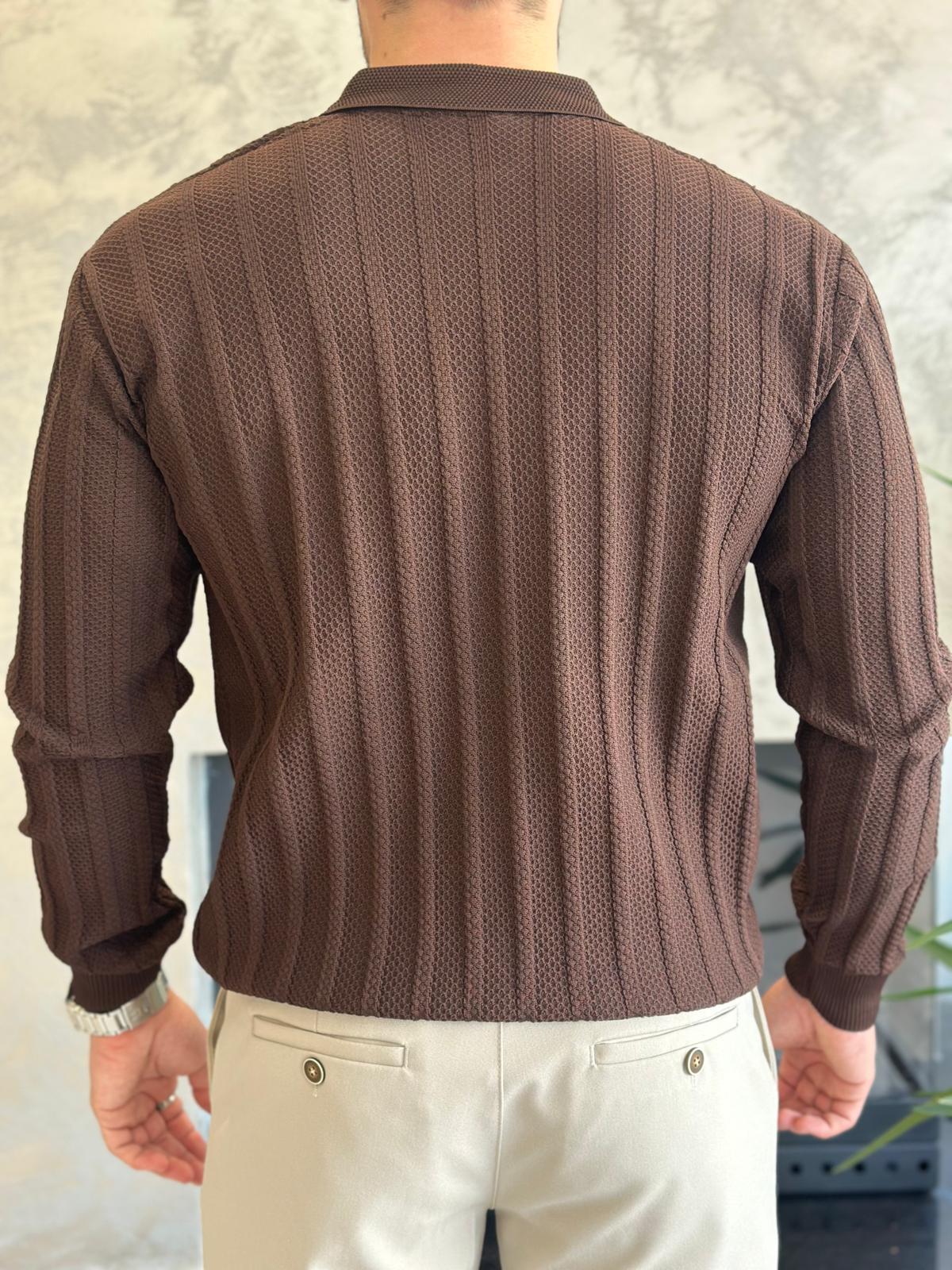 Erkek Polo Yaka Dokulu Kazak Acı Kahve  Eca054