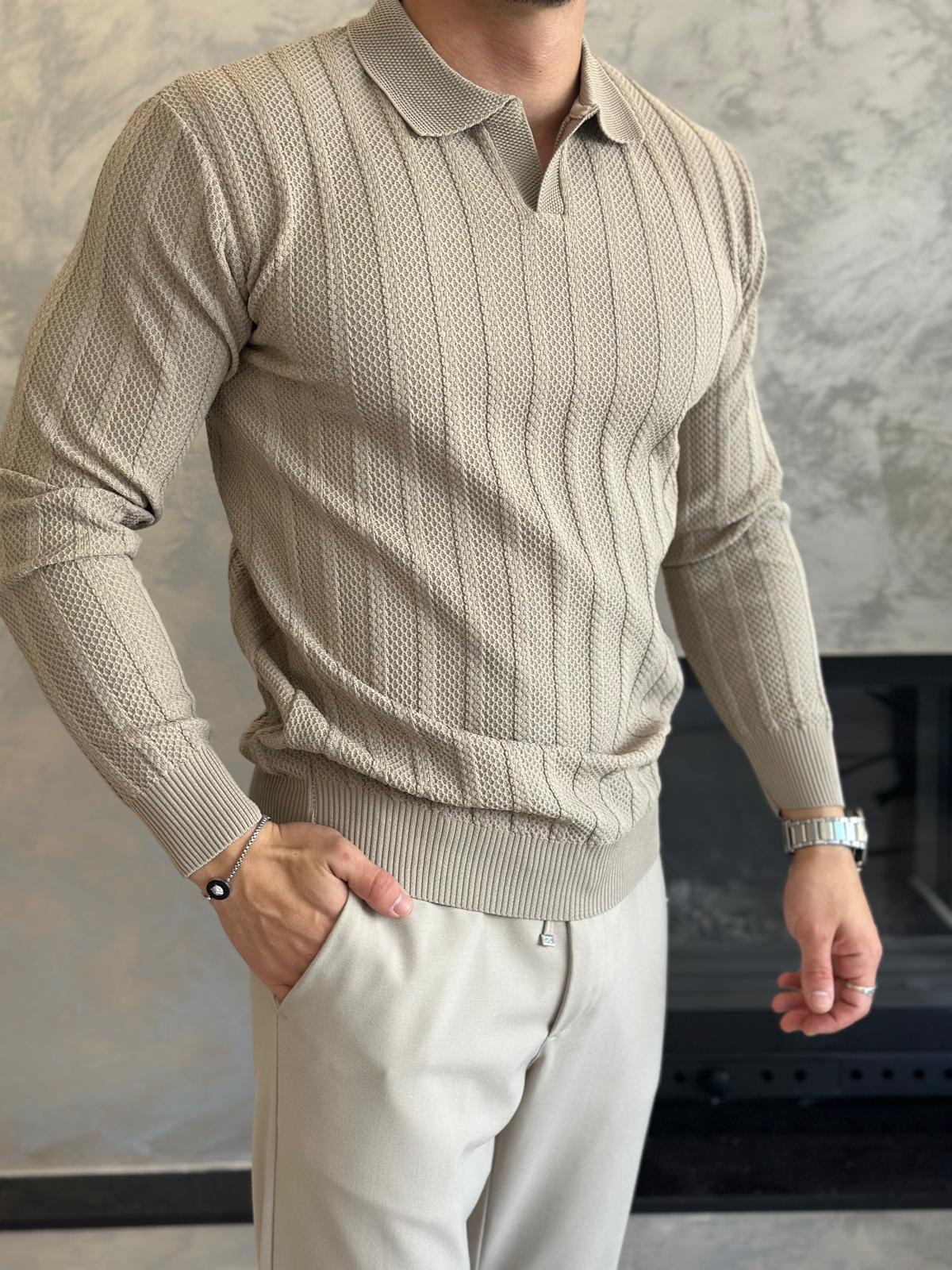 Erkek Polo Yaka Dokulu Kazak Bej Eca054