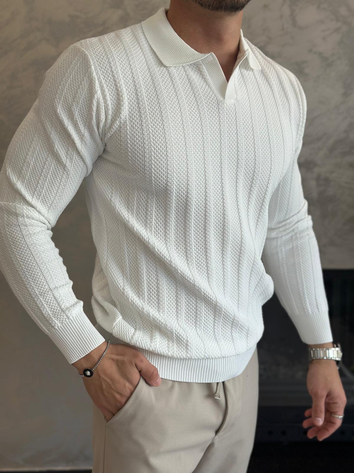 Erkek Polo Yaka Dokulu Kazak Beyaz Eca054