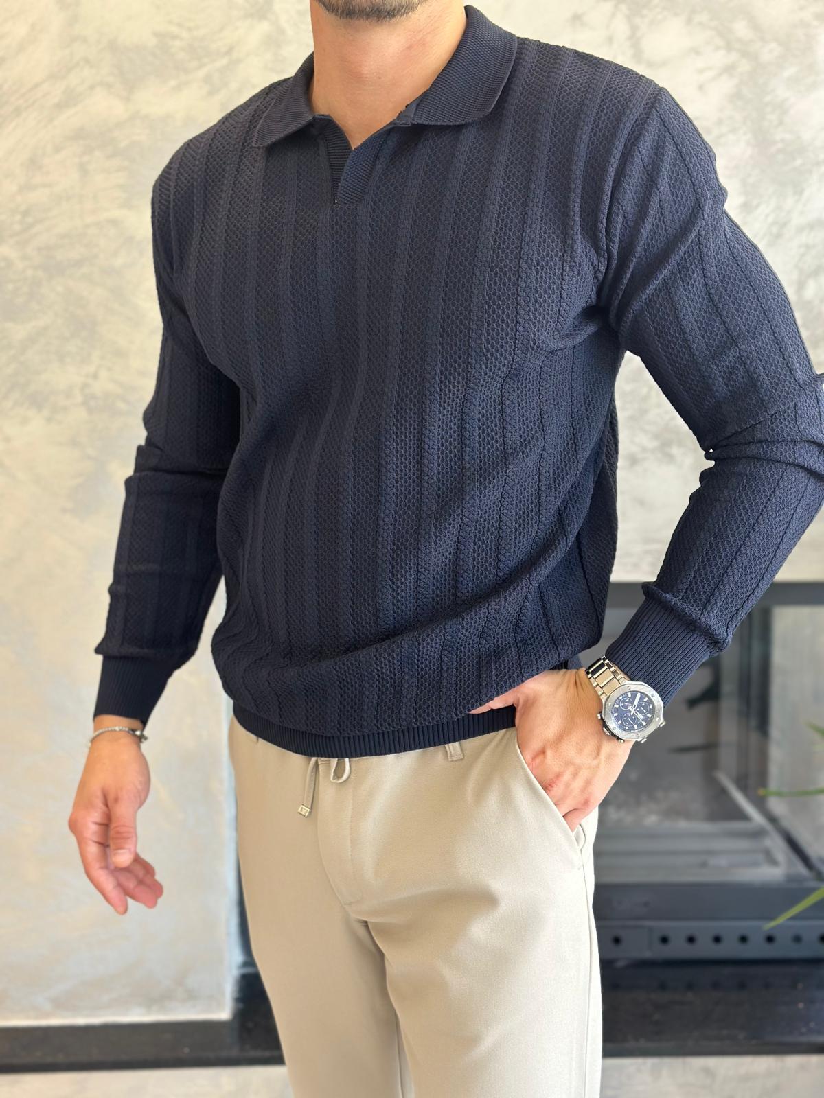 Erkek Polo Yaka Dokulu Kazak Lacivert Eca054