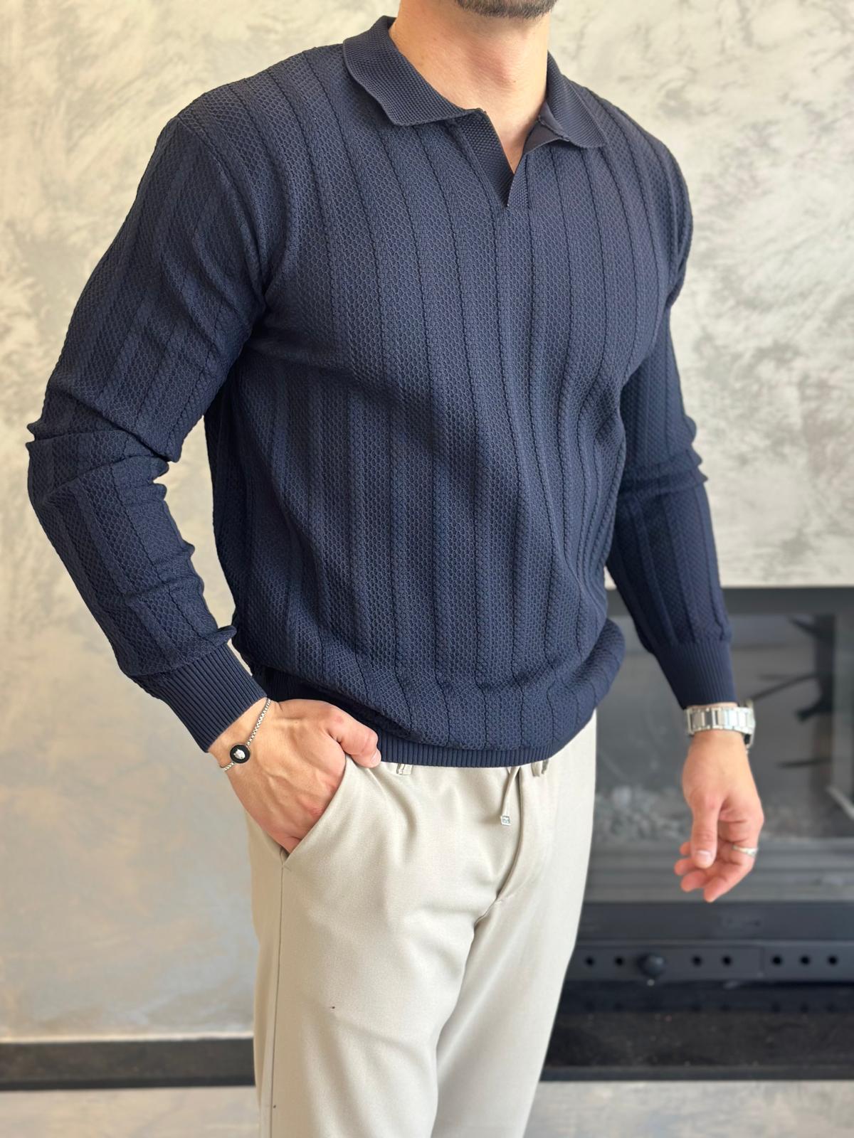 Erkek Polo Yaka Dokulu Kazak Lacivert Eca054