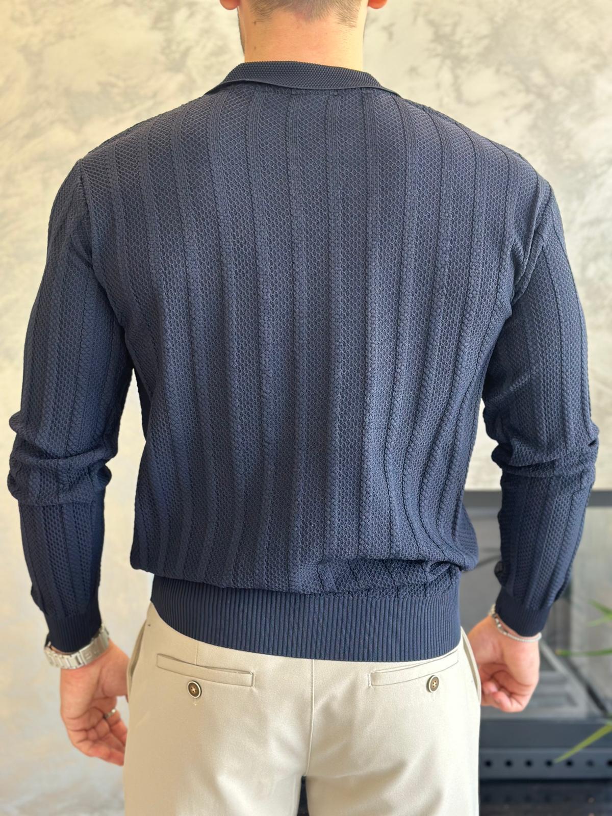 Erkek Polo Yaka Dokulu Kazak Lacivert Eca054
