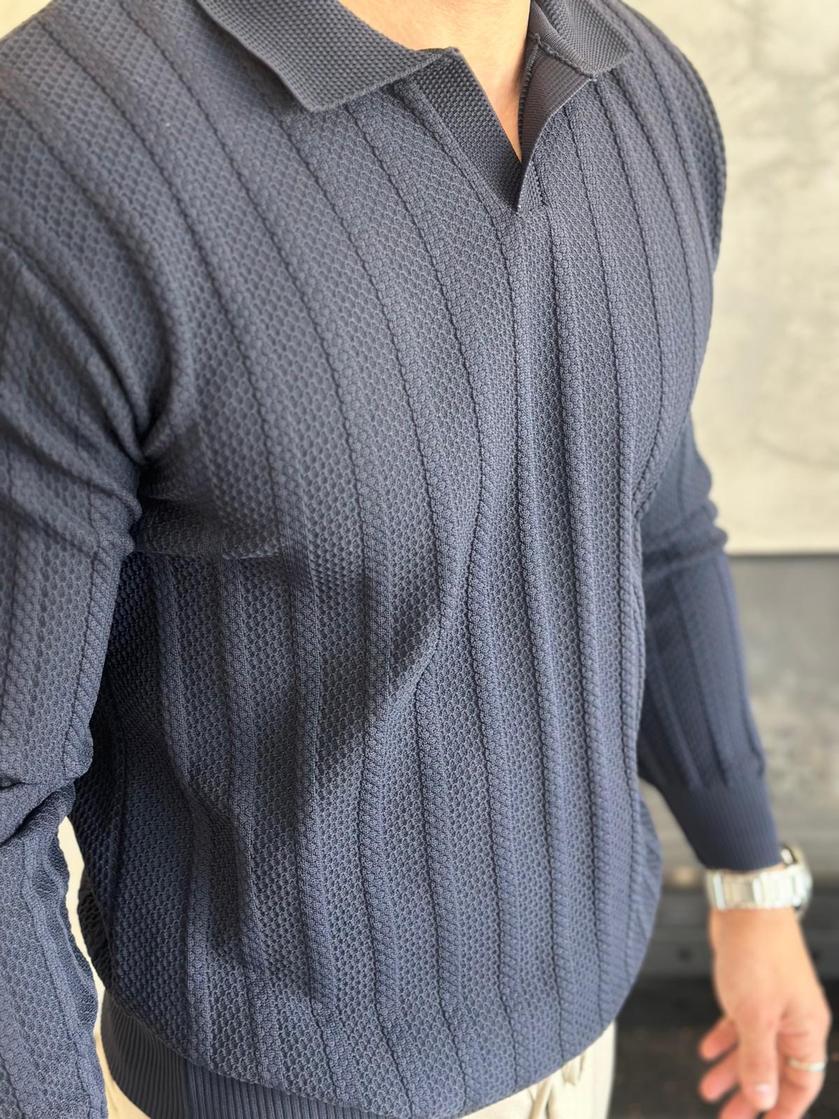 Erkek Polo Yaka Dokulu Kazak Lacivert Eca054