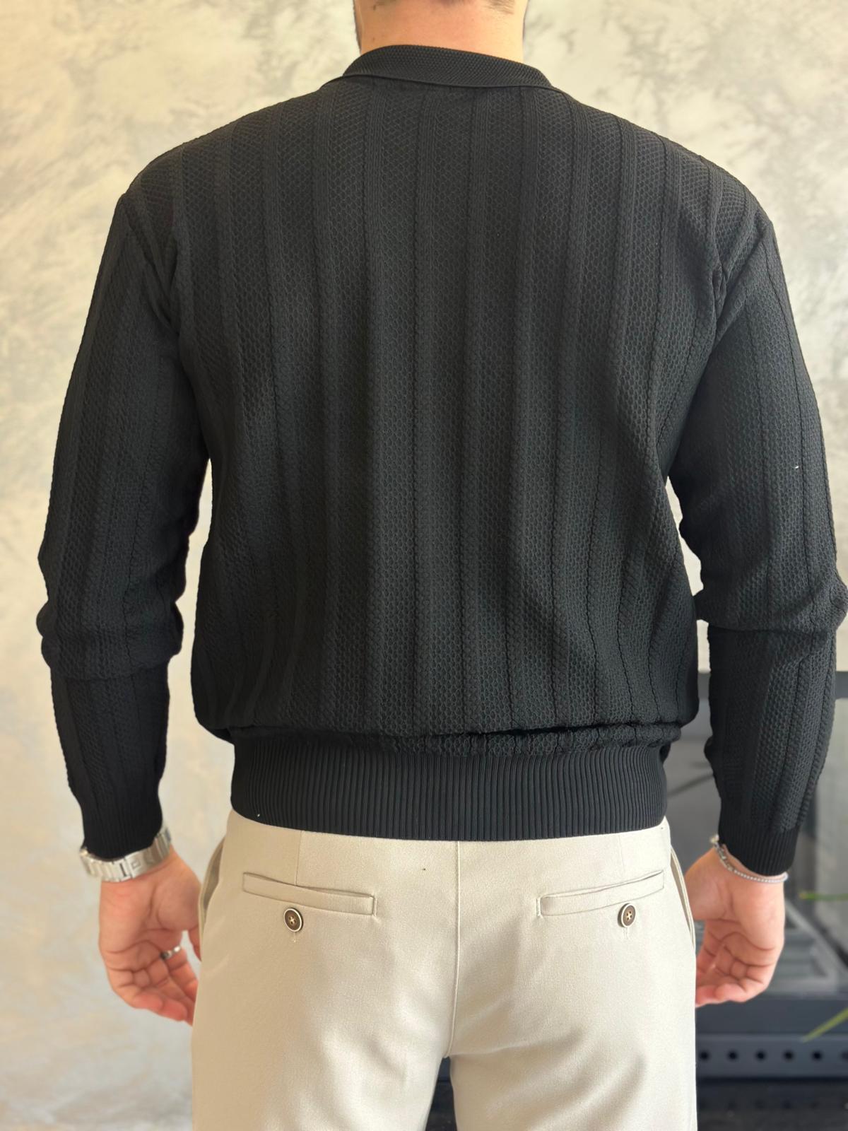 Erkek Polo Yaka Dokulu Kazak Siyah Eca054