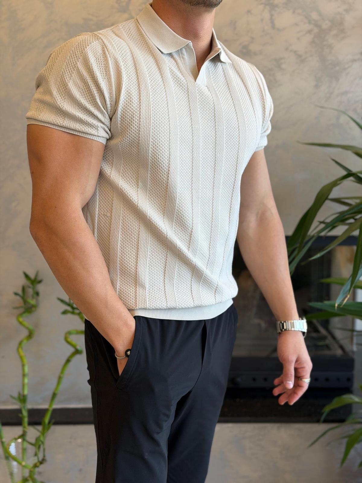 Erkek Polo Yaka Dokulu Tshirt Bej Eca065