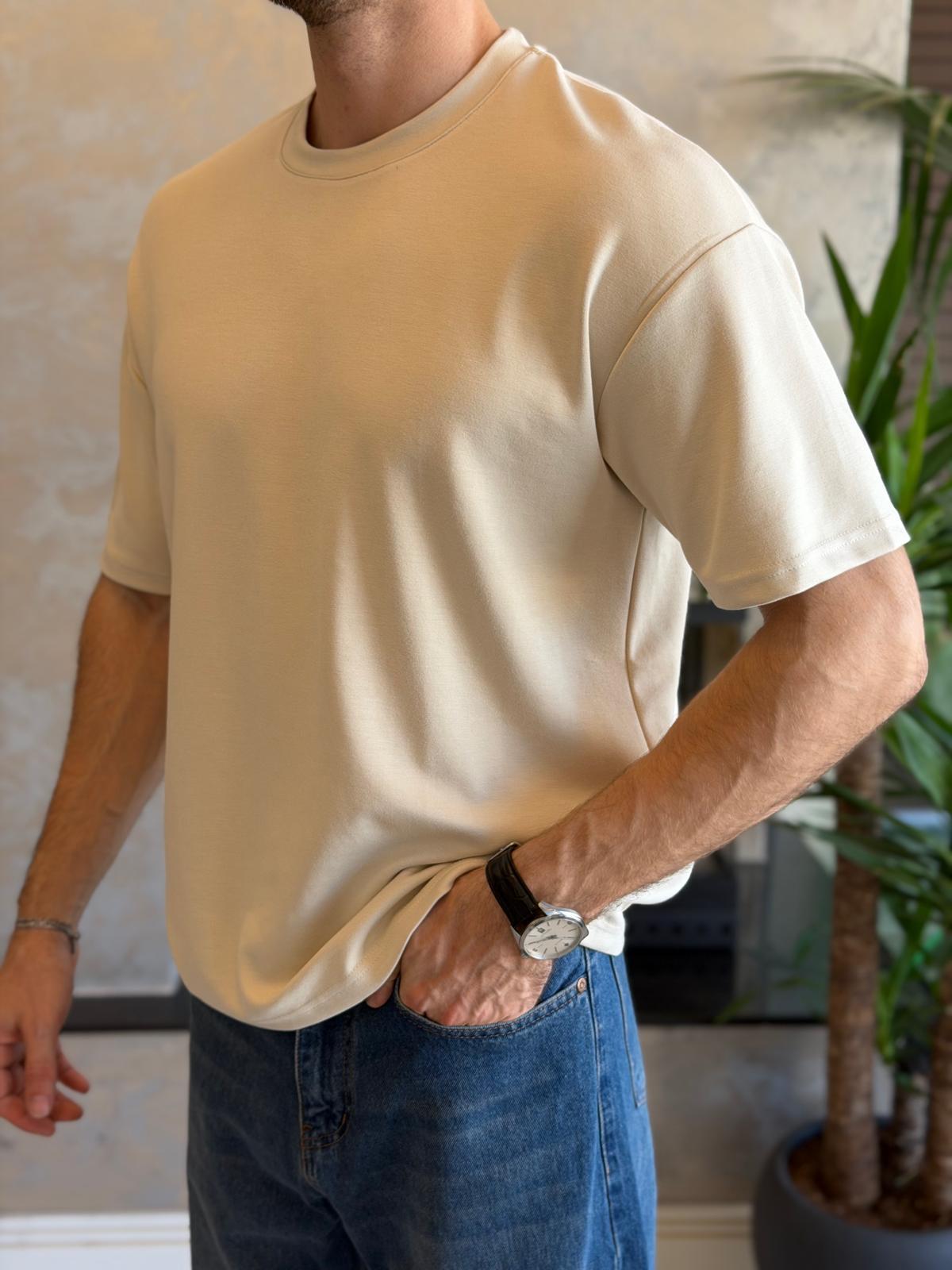 Erkek Premium Bisiklet Yaka Tshirt Bej Eca060