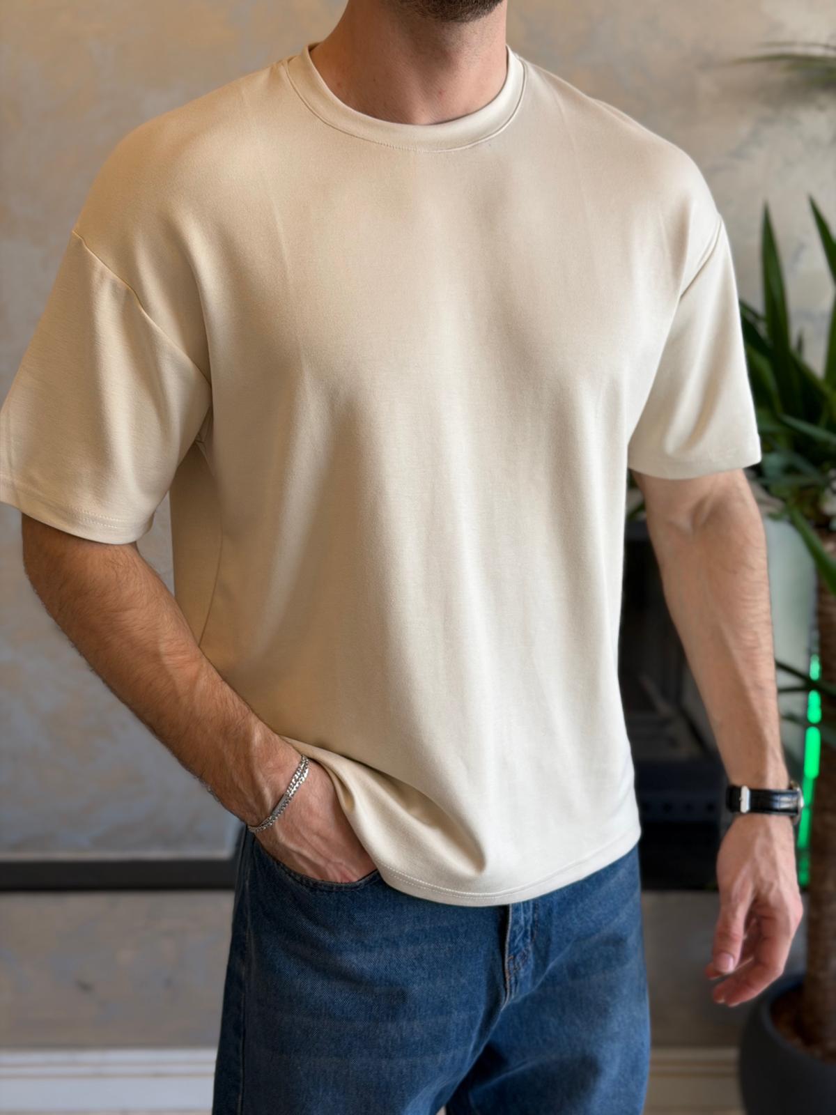 Erkek Premium Bisiklet Yaka Tshirt Bej Eca060