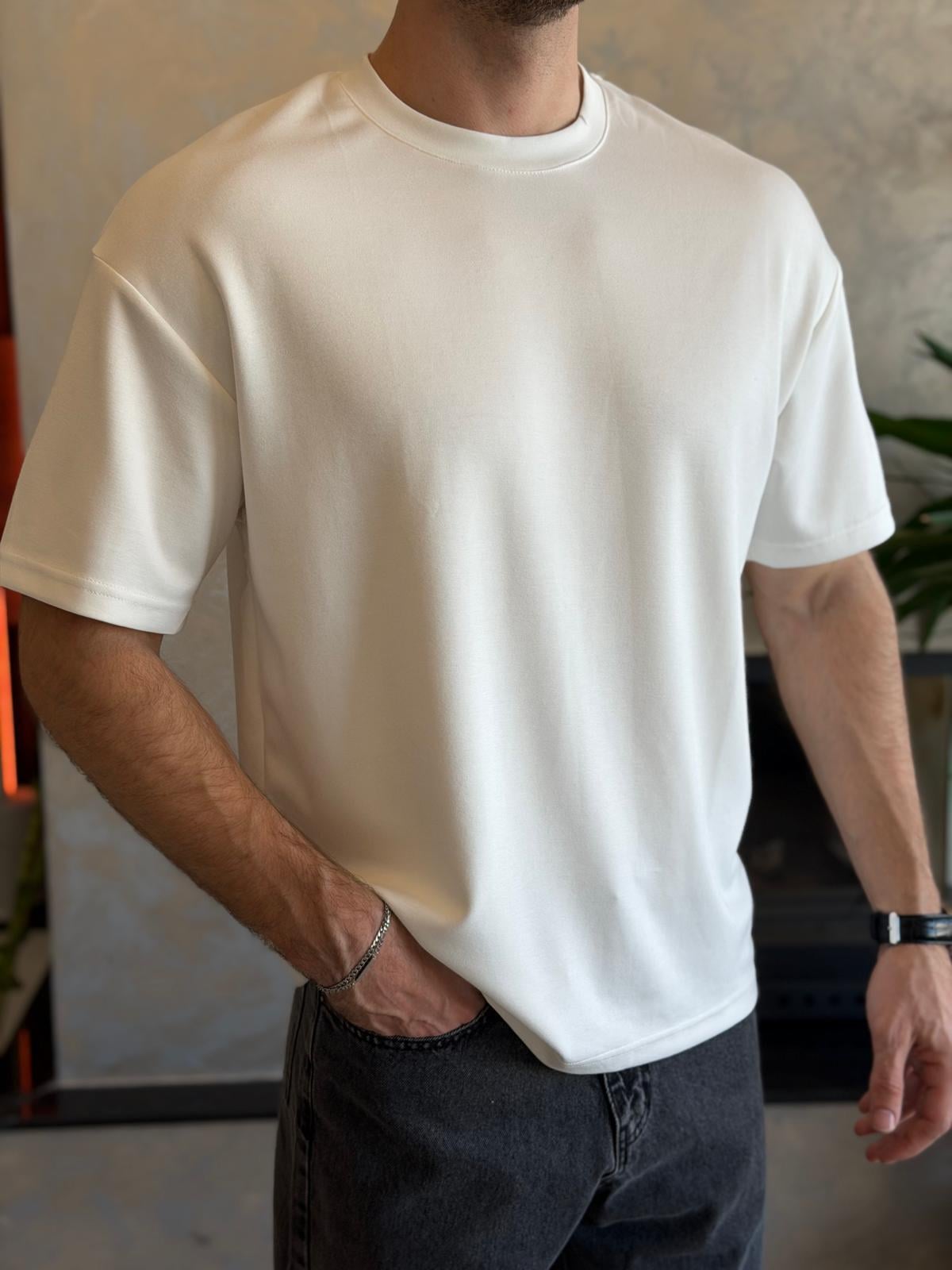Erkek Premium Bisiklet Yaka Tshirt Beyaz Eca060