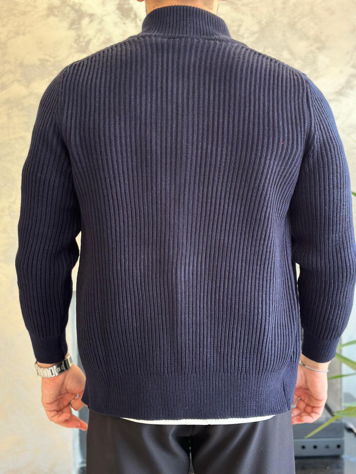 Erkek Premium Fermuarlı Ters Örgü Hırka Lacivert  Eca052