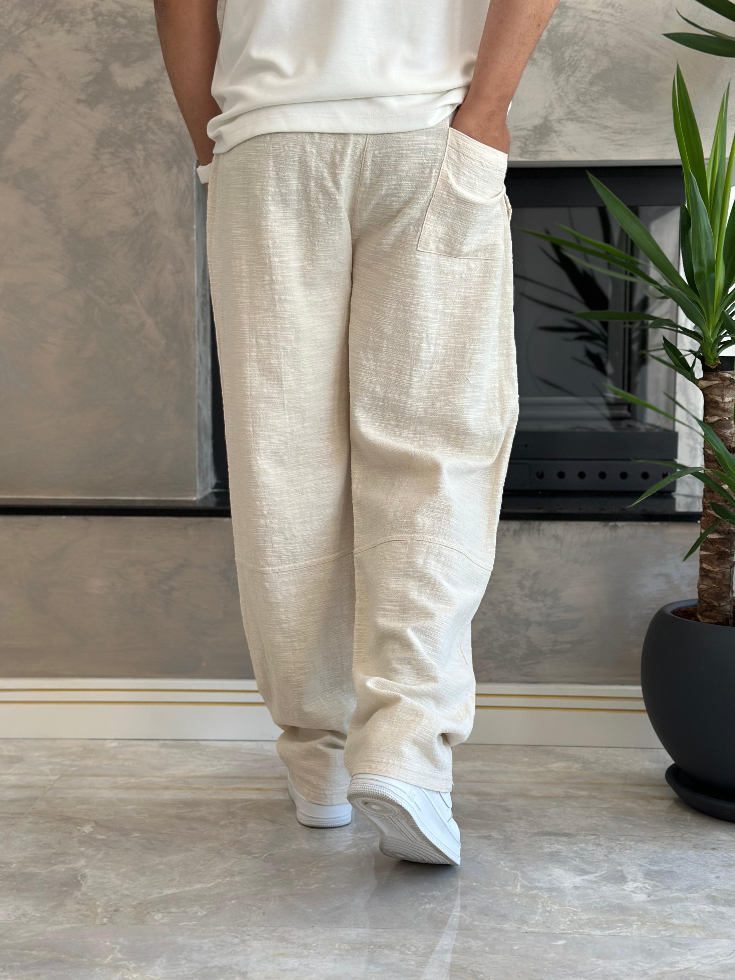 Erkek Rahat Kalıp Keten Pantolon Krem Eca001