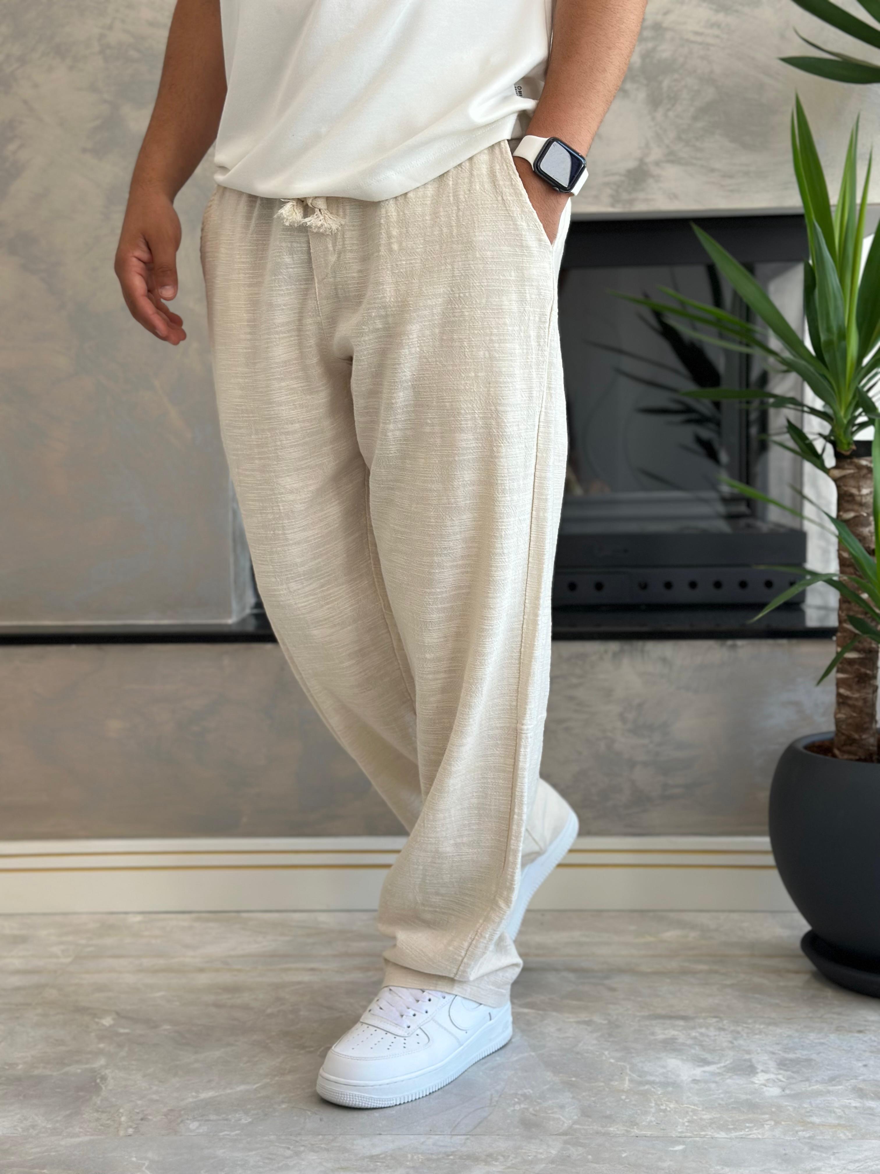Erkek Rahat Kalıp Keten Pantolon Krem Eca001