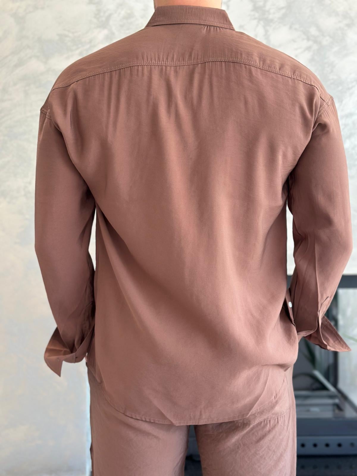 Erkek Rahat Kesim Dökümlü Kumaş Alt Üst Takım Kahverengi Eca018