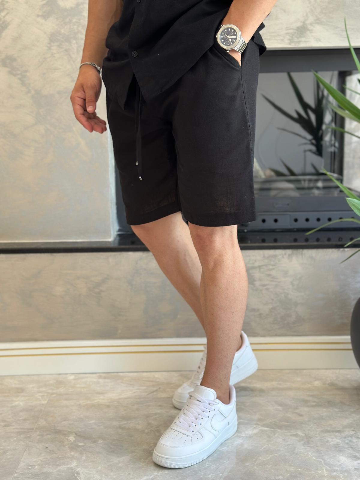 Erkek Rahat Kesim Ham Keten Alt Üst Şort Takım Siyah Eca020
