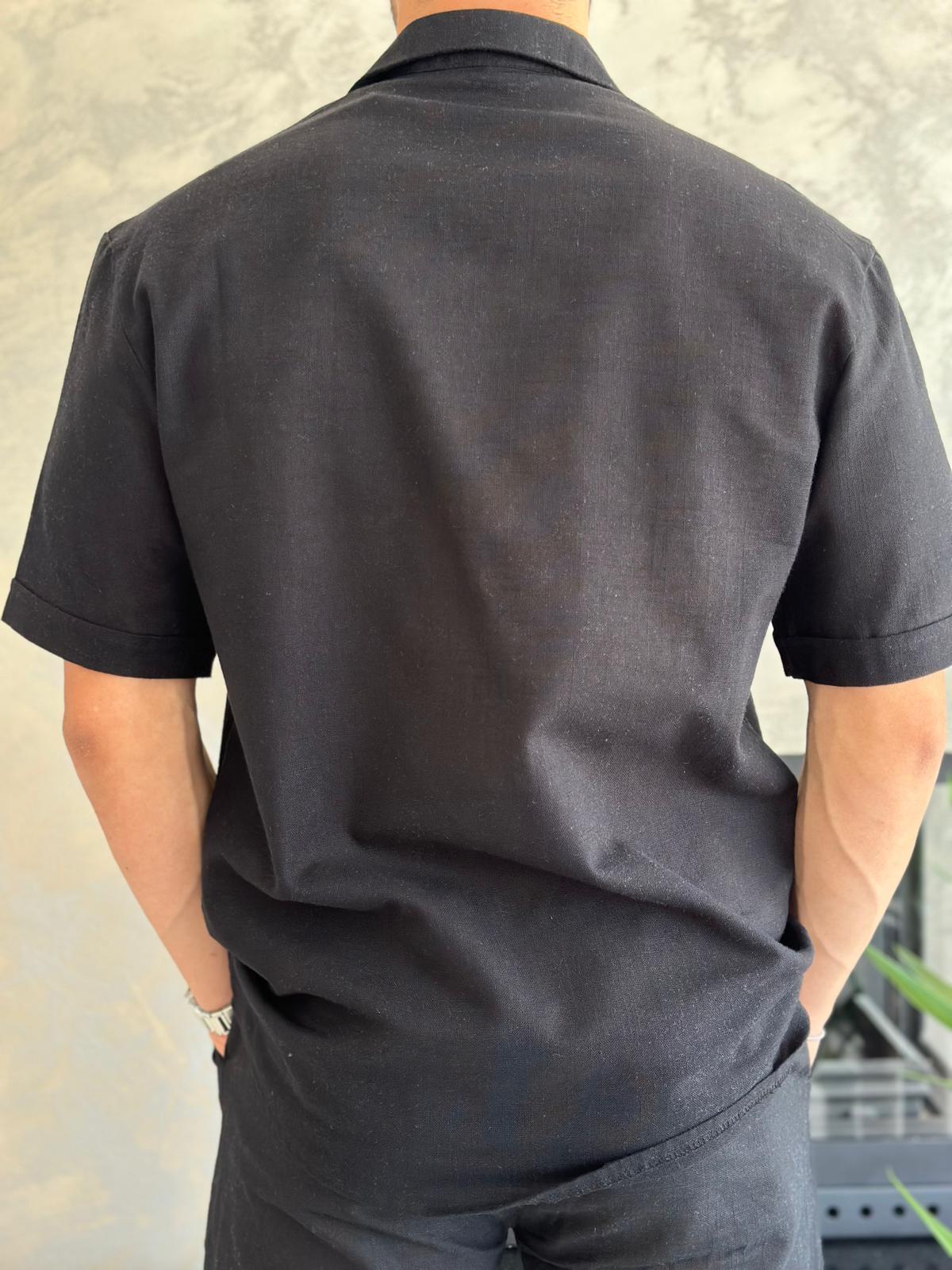 Erkek Rahat Kesim Ham Keten Alt Üst Şort Takım Siyah Eca020