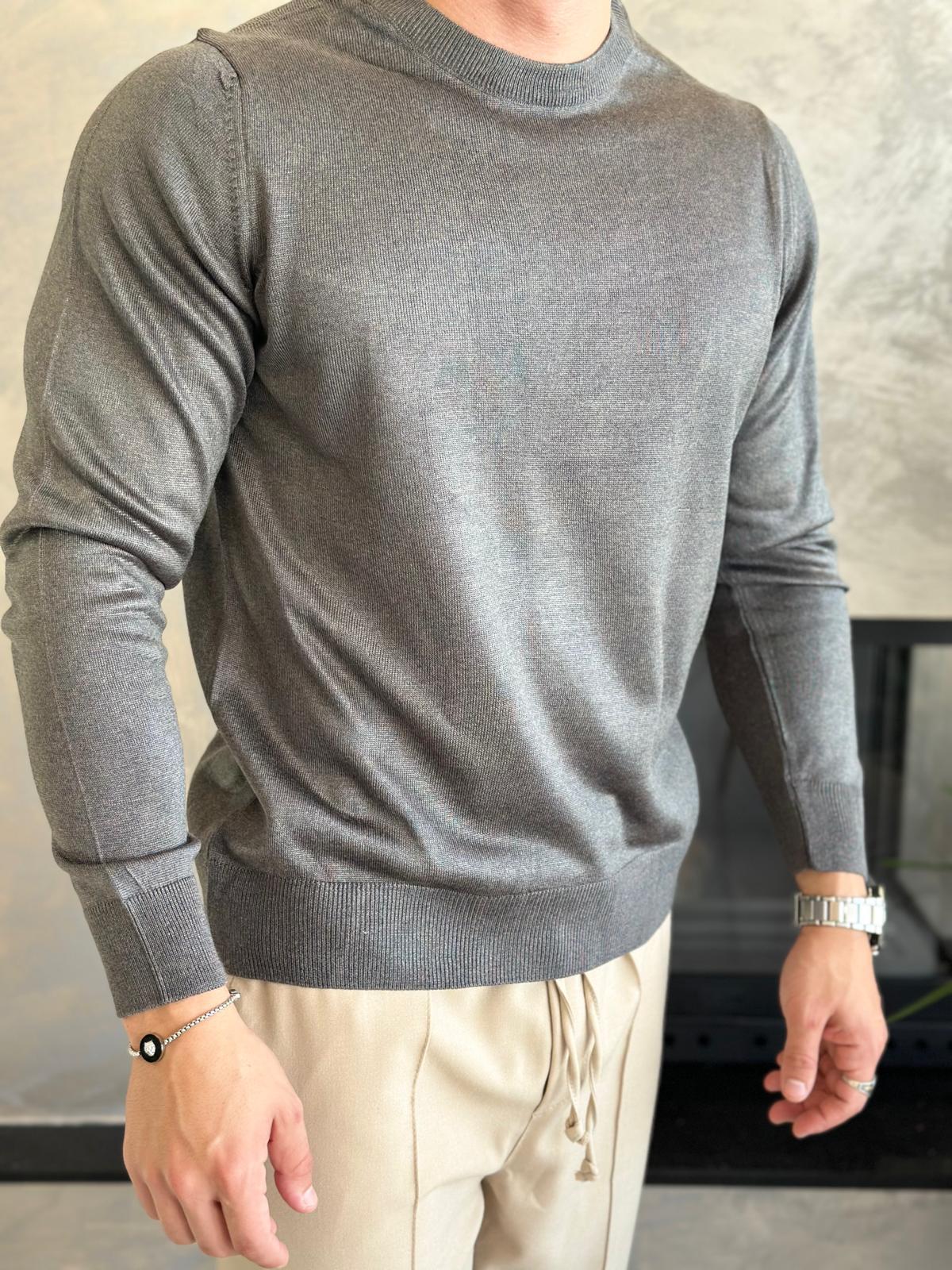 Erkek Regular Fit Bisiklet Yaka Triko Kazak Gri Eca043