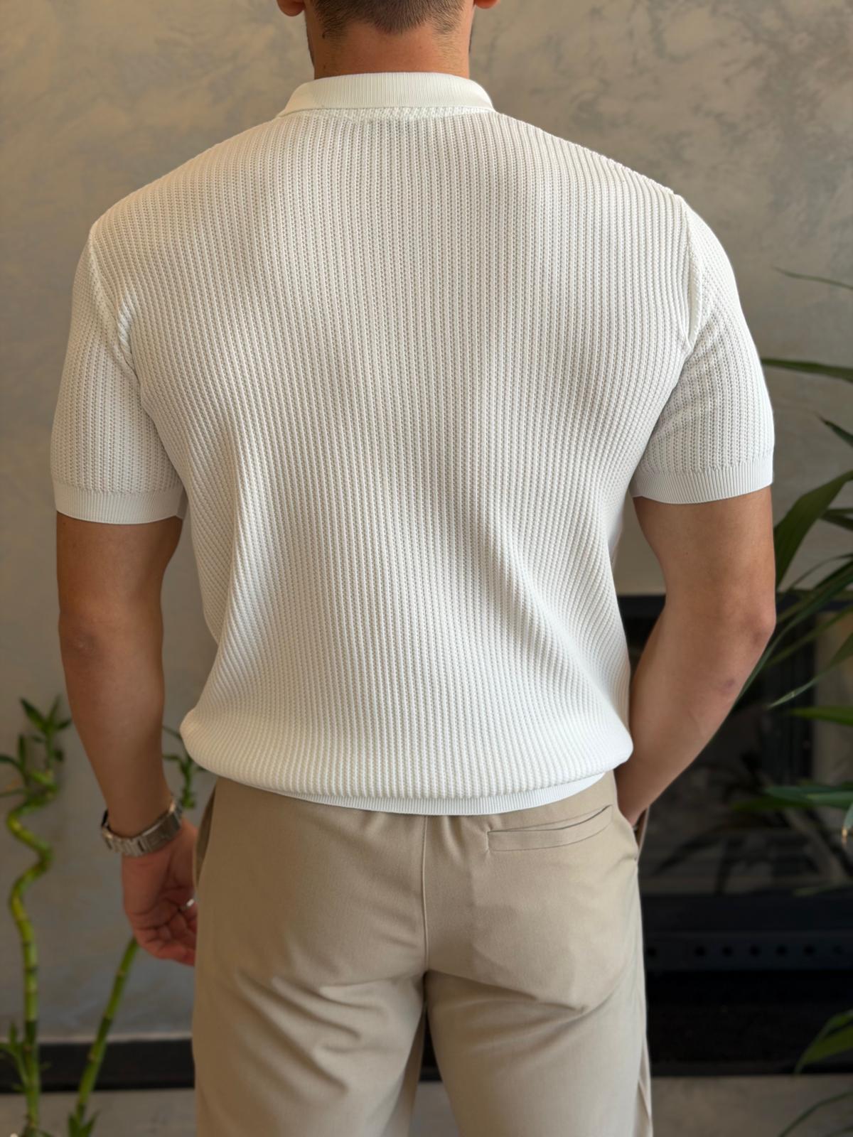 Erkek Regular Fit Dokulu Fermuarlı Tshirt Beyaz  Eca067