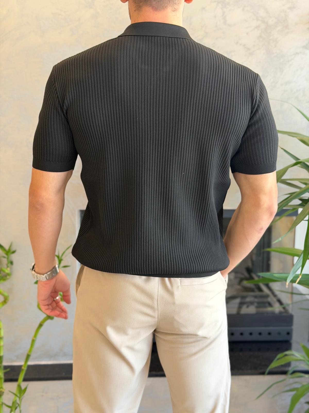 Erkek Regular Fit Dokulu Fermuarlı Tshirt Siyah Eca067