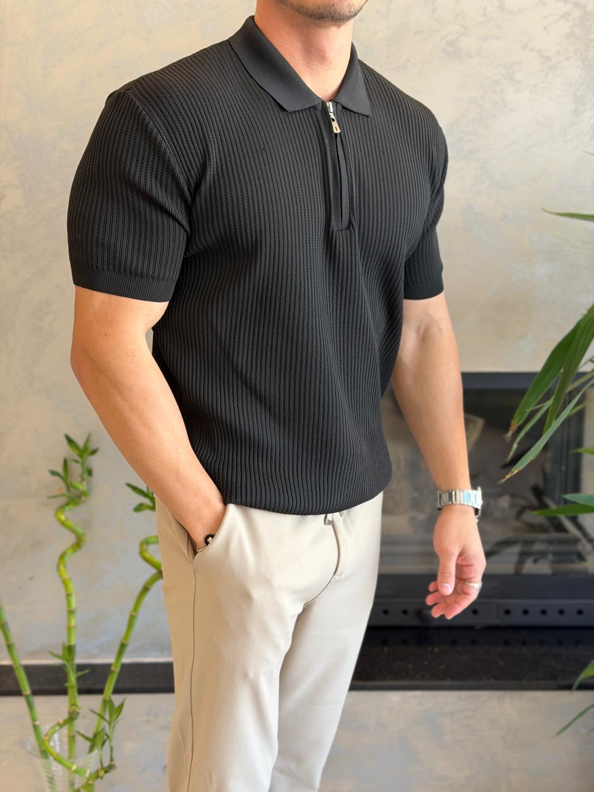 Erkek Regular Fit Dokulu Fermuarlı Tshirt Siyah Eca067