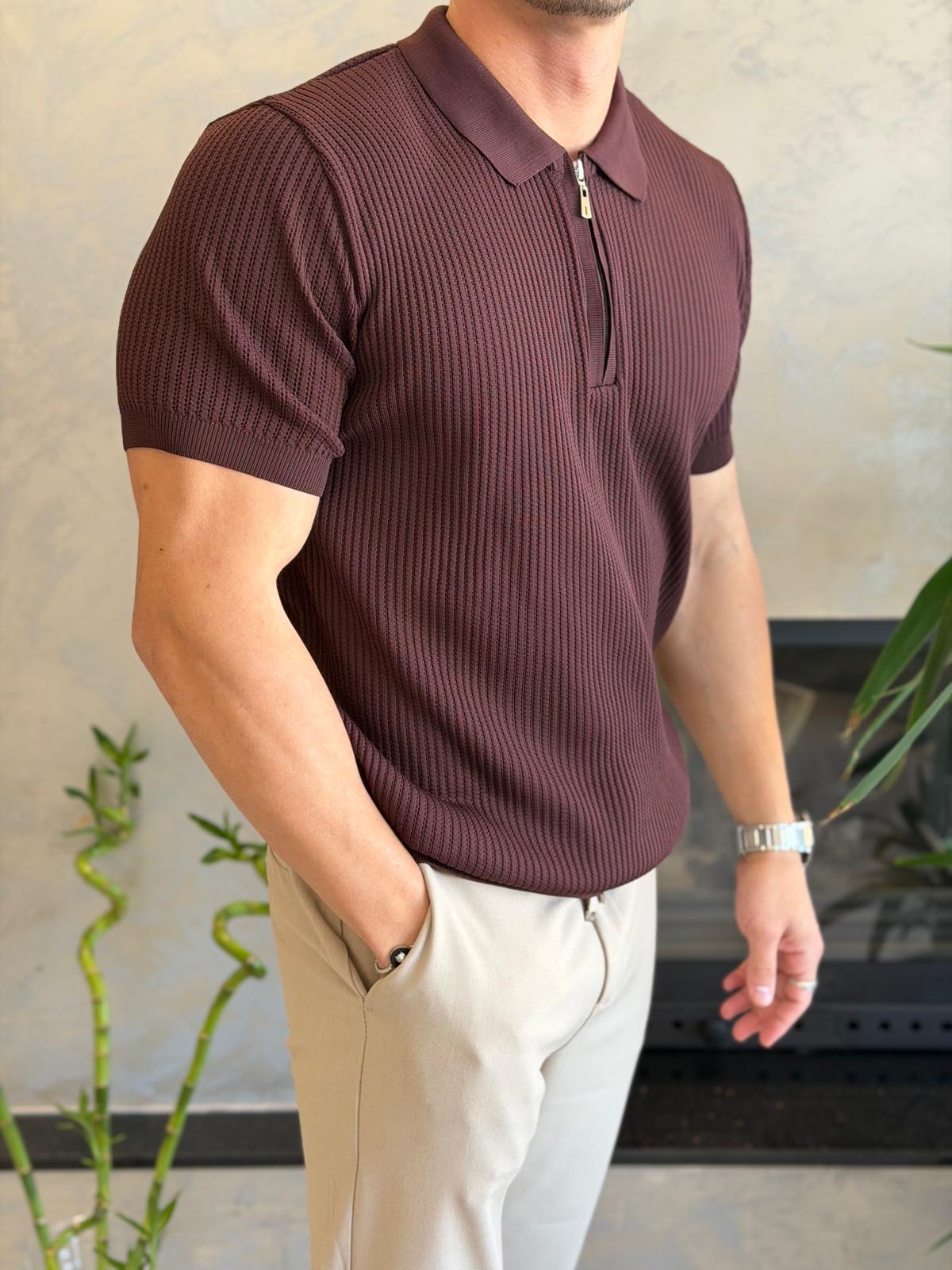 Erkek Regular Fit Dokulu Fermuarlı Tshirt Acı Kahve Eca067