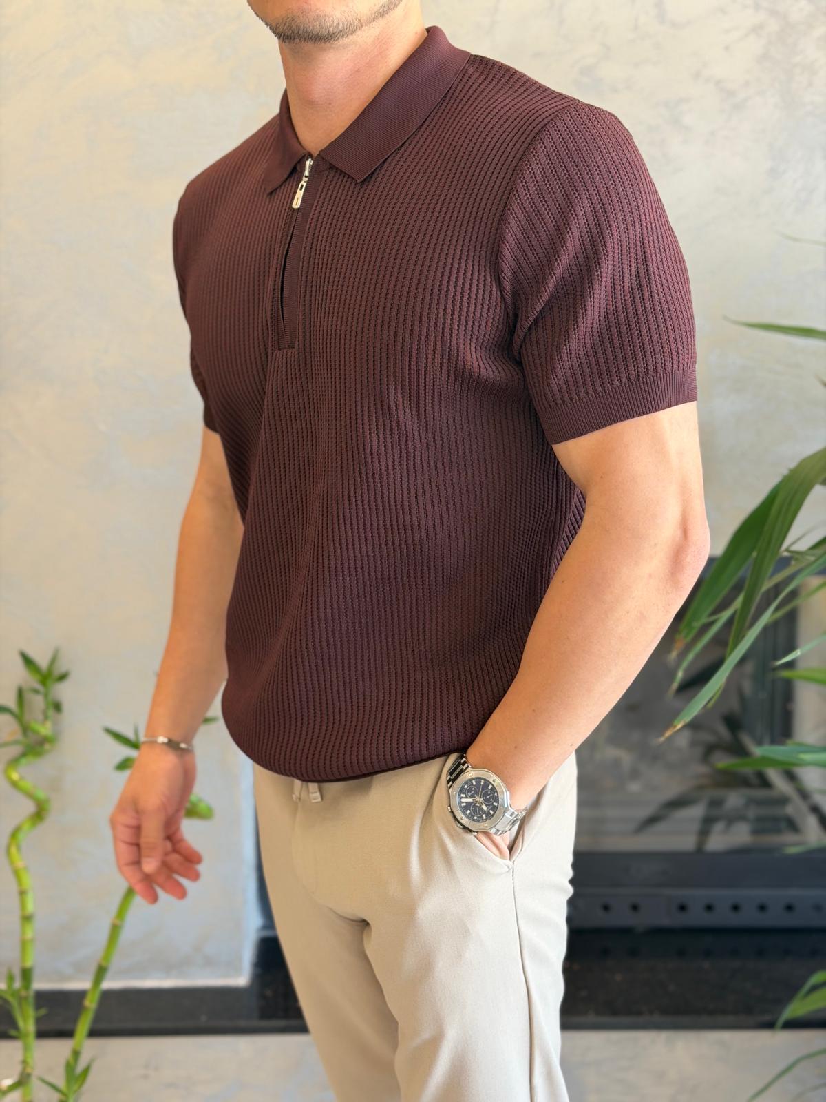 Erkek Regular Fit Dokulu Fermuarlı Tshirt Acı Kahve Eca067