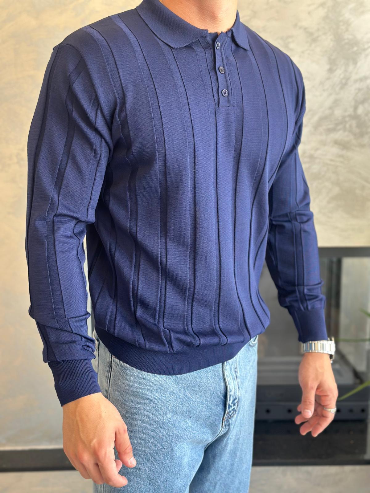 Erkek Regular Fit Düğme Kapamalı Fitilli Triko Kazak Lacivert Eca048