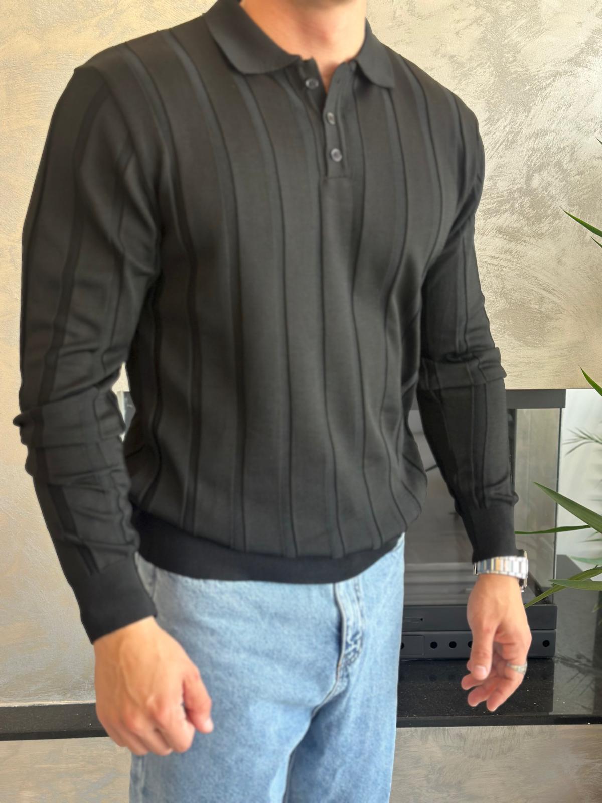 Erkek Regular Fit Düğme Kapamalı Fitilli Triko Kazak Siyah Eca048