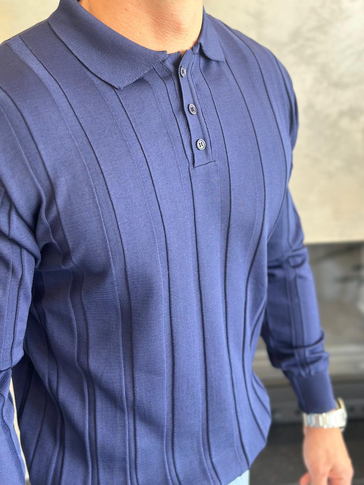 Erkek Regular Fit Düğme Kapamalı Fitilli Triko Kazak Lacivert Eca048