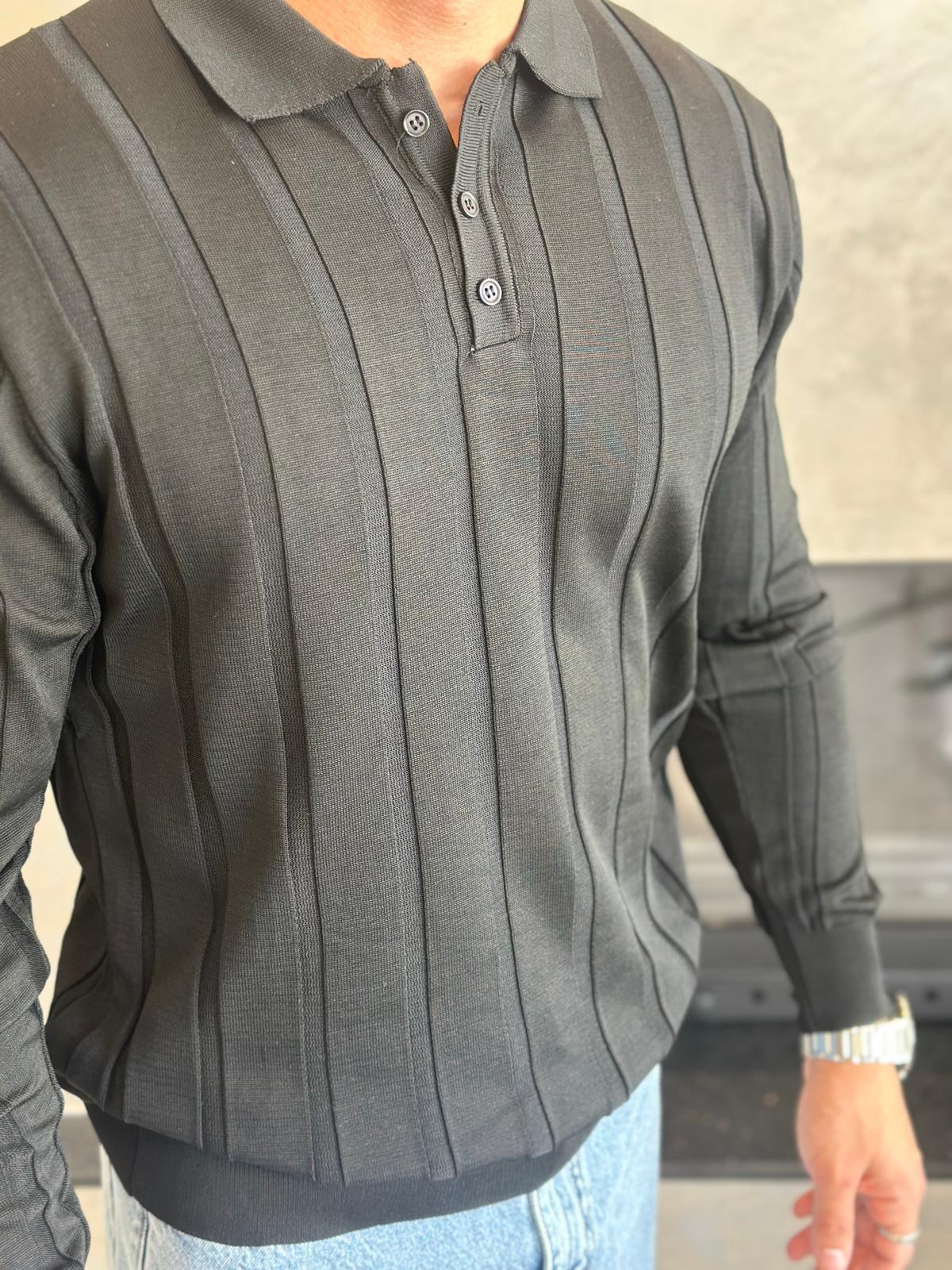 Erkek Regular Fit Düğme Kapamalı Fitilli Triko Kazak Siyah Eca048