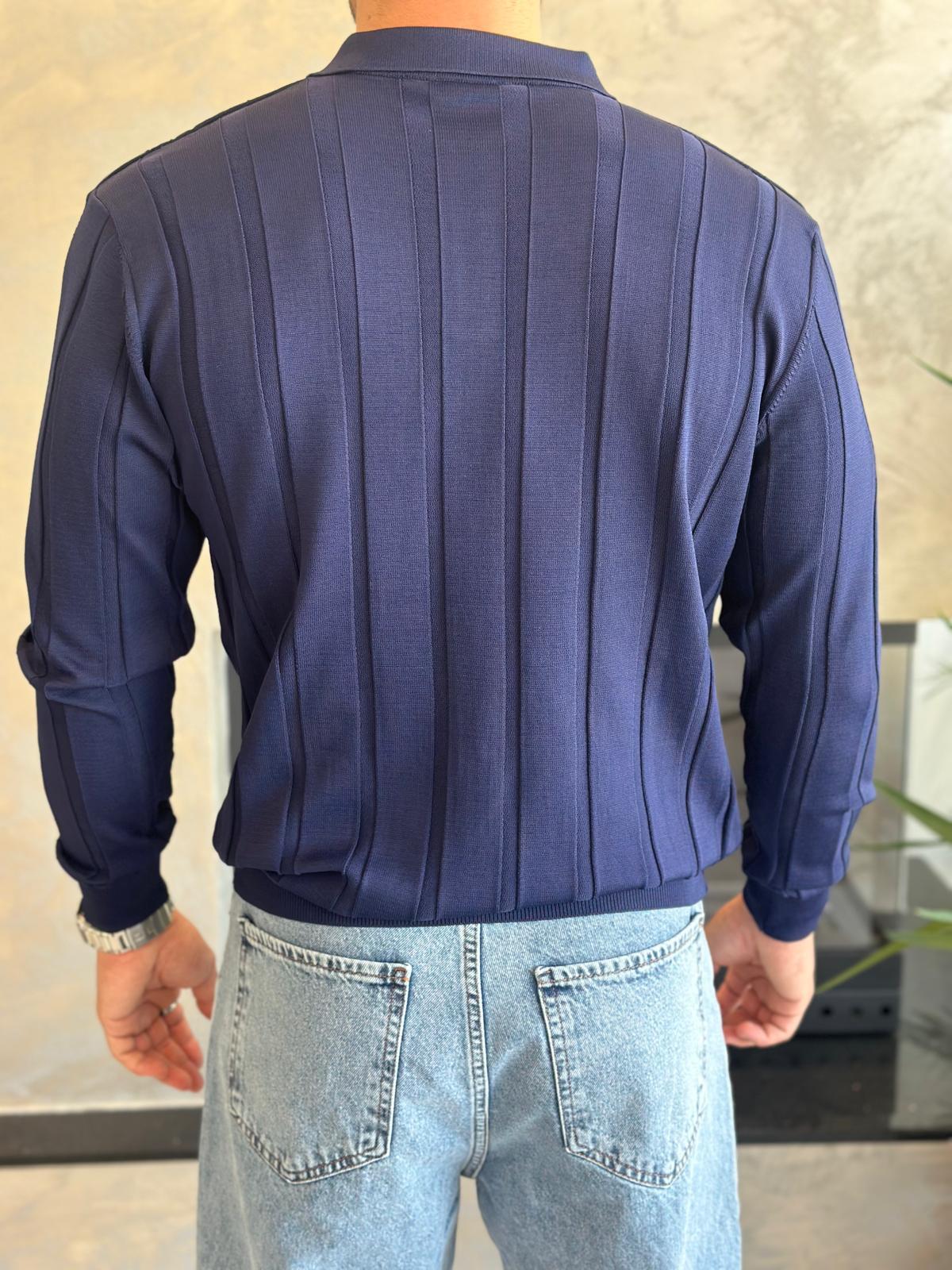 Erkek Regular Fit Düğme Kapamalı Fitilli Triko Kazak Lacivert Eca048