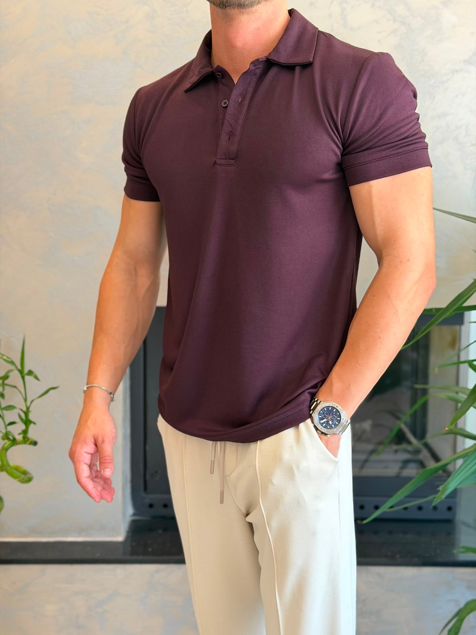 Erkek Regular Fit Düğme Kapamalı Pamuklu Polo Tshirt Bordo  Eca085