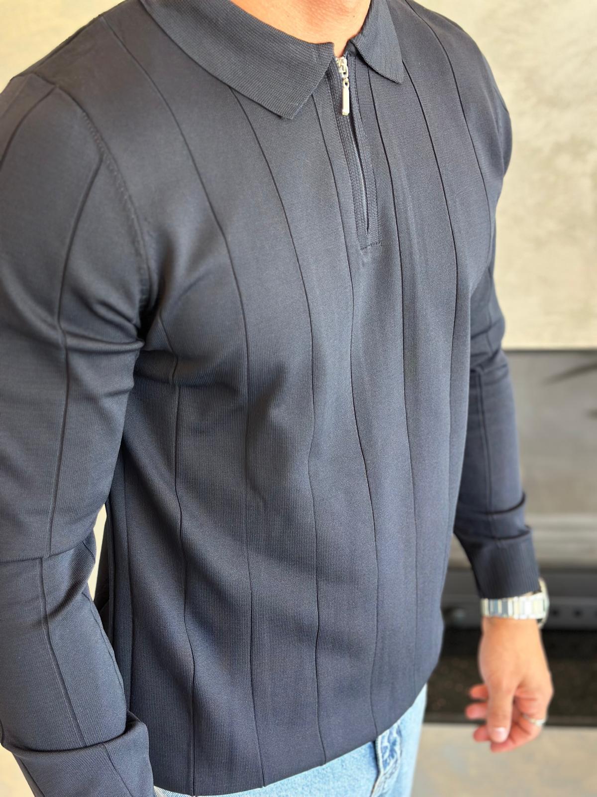 Erkek Regular Fit Fermuar Yaka Çizgi Detaylı Triko Kazak Lacivert  Eca035