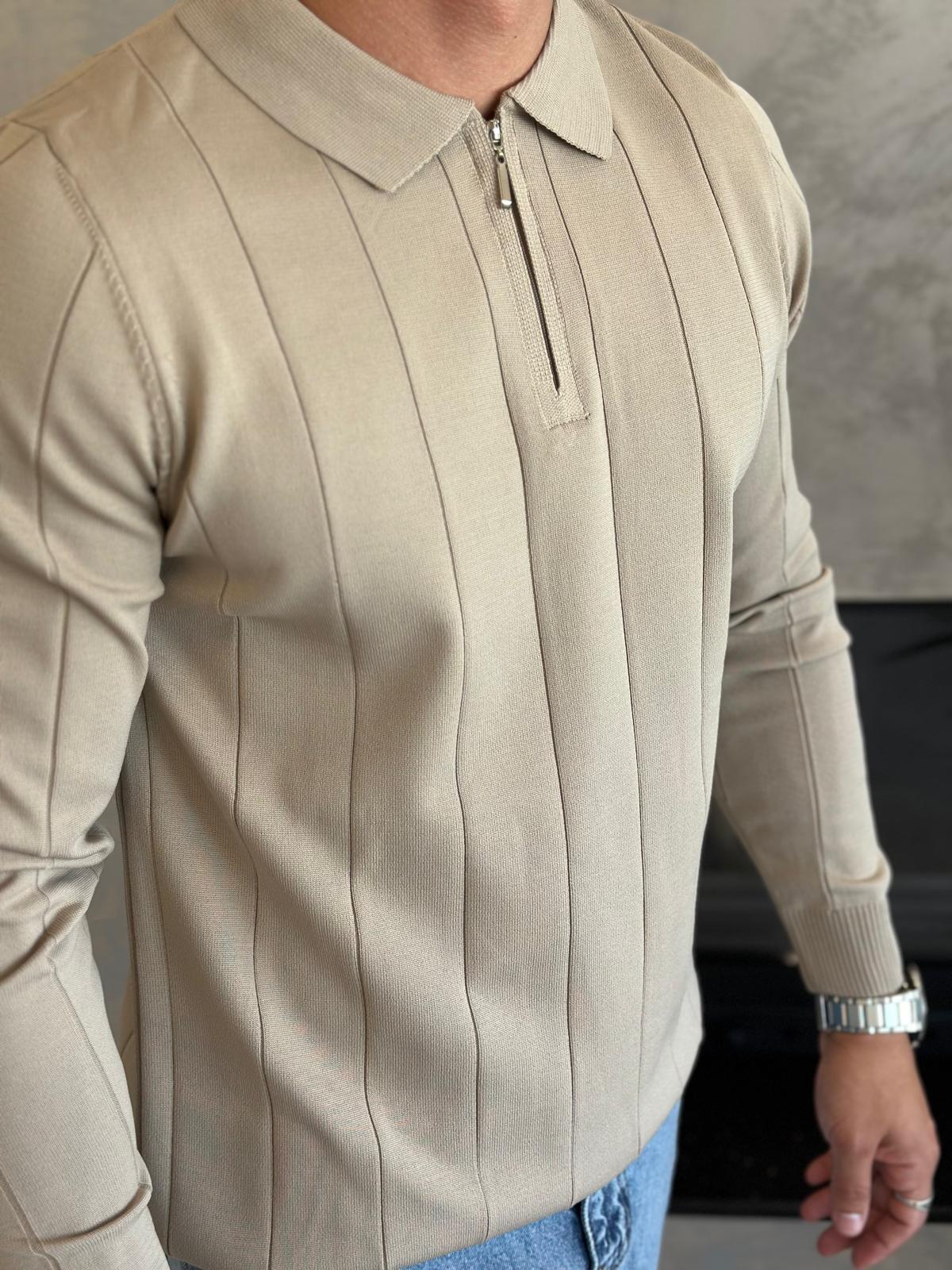 Erkek Regular Fit Fermuar Yaka Çizgi Detaylı Triko Kazak Bej Eca035