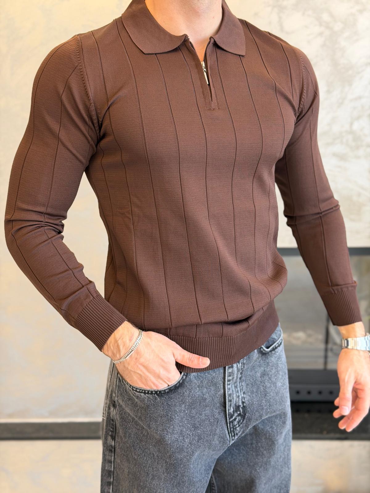 Erkek Regular Fit Fermuar Yaka Çizgi Detaylı Triko Kazak Acı Kahve Eca035