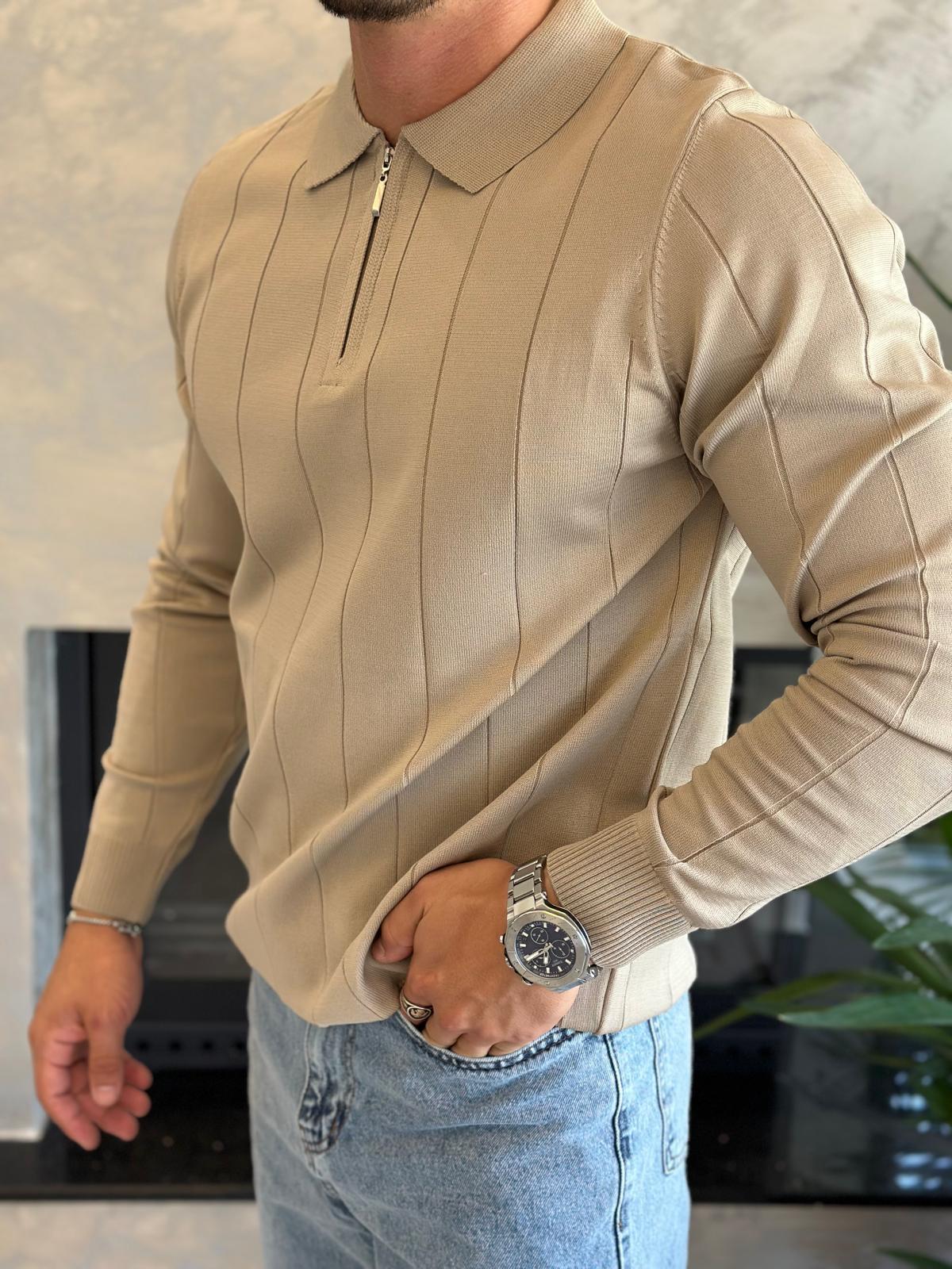 Erkek Regular Fit Fermuar Yaka Çizgi Detaylı Triko Kazak Bej Eca035