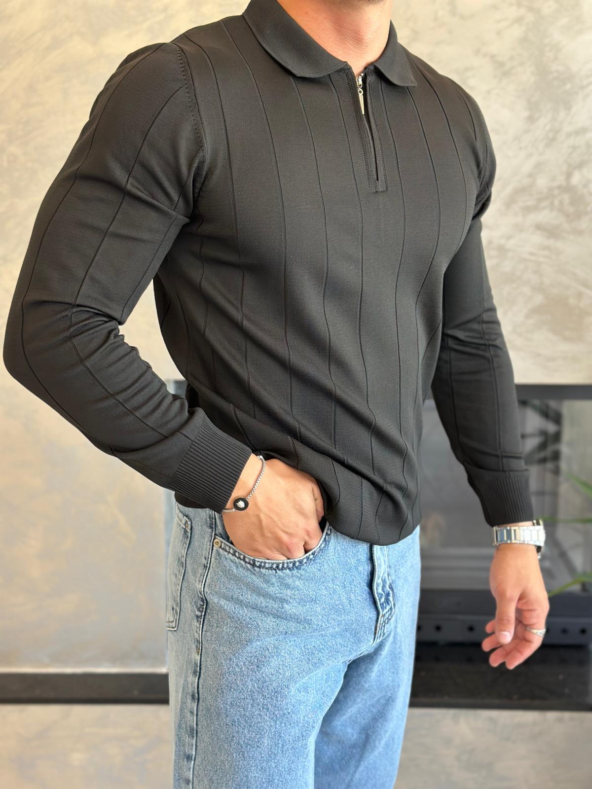 Erkek Regular Fit Fermuar Yaka Çizgi Detaylı Triko Kazak Siyah Eca035