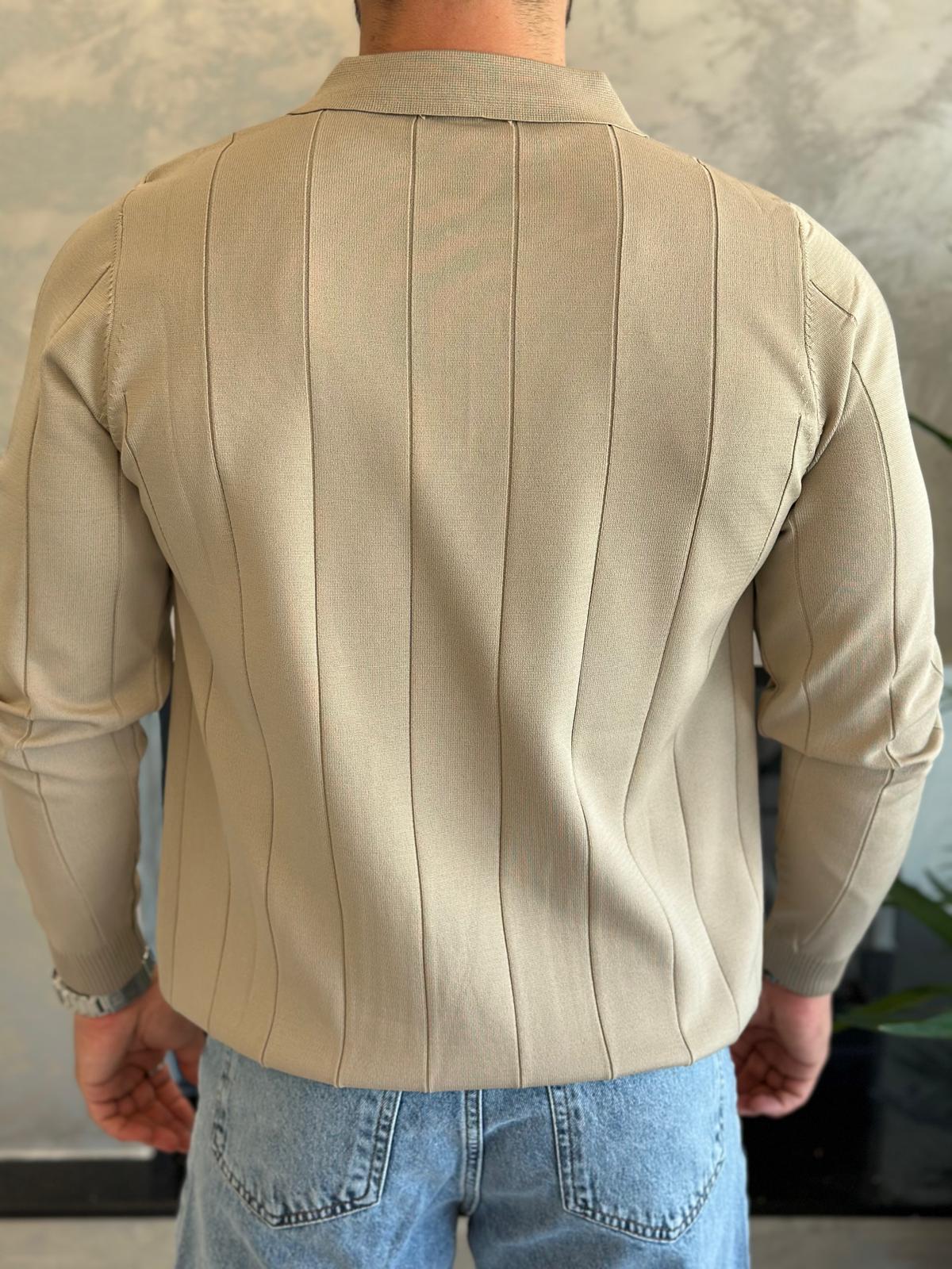 Erkek Regular Fit Fermuar Yaka Çizgi Detaylı Triko Kazak Bej Eca035