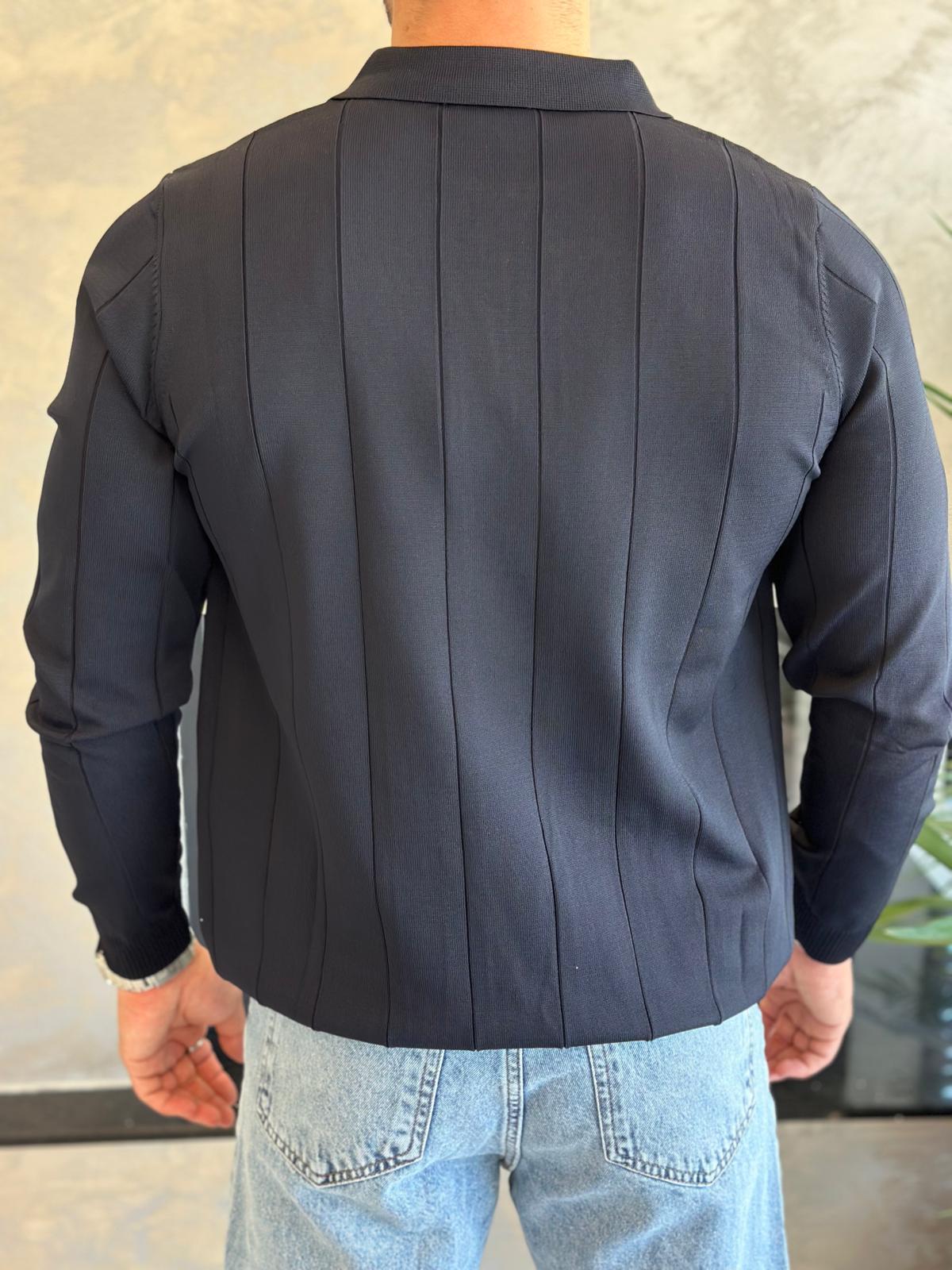 Erkek Regular Fit Fermuar Yaka Çizgi Detaylı Triko Kazak Lacivert  Eca035