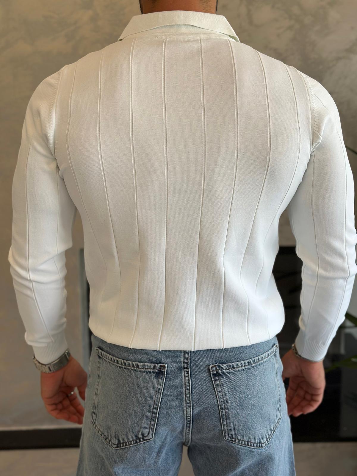 Erkek Regular Fit Fermuar Yaka Çizgi Detaylı Triko Kazak Beyaz Eca035
