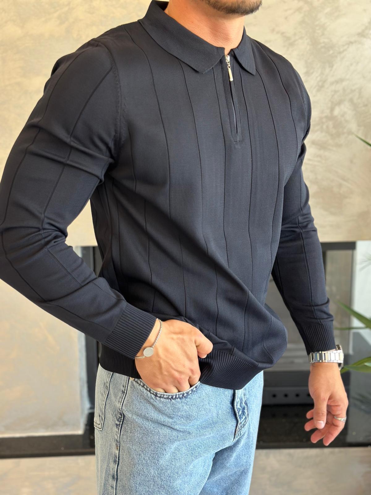 Erkek Regular Fit Fermuar Yaka Çizgi Detaylı Triko Kazak Lacivert  Eca035