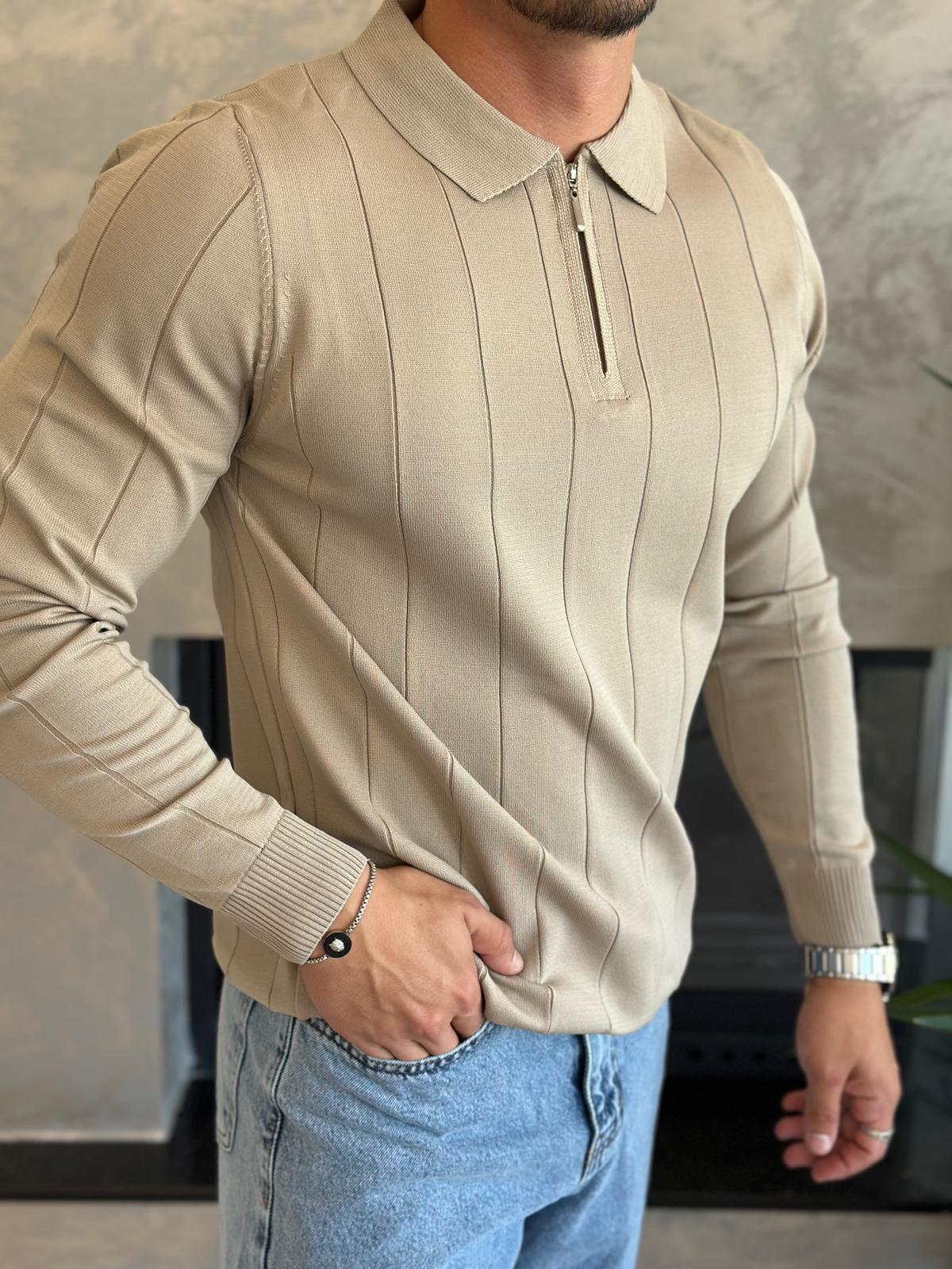 Erkek Regular Fit Fermuar Yaka Çizgi Detaylı Triko Kazak Bej Eca035