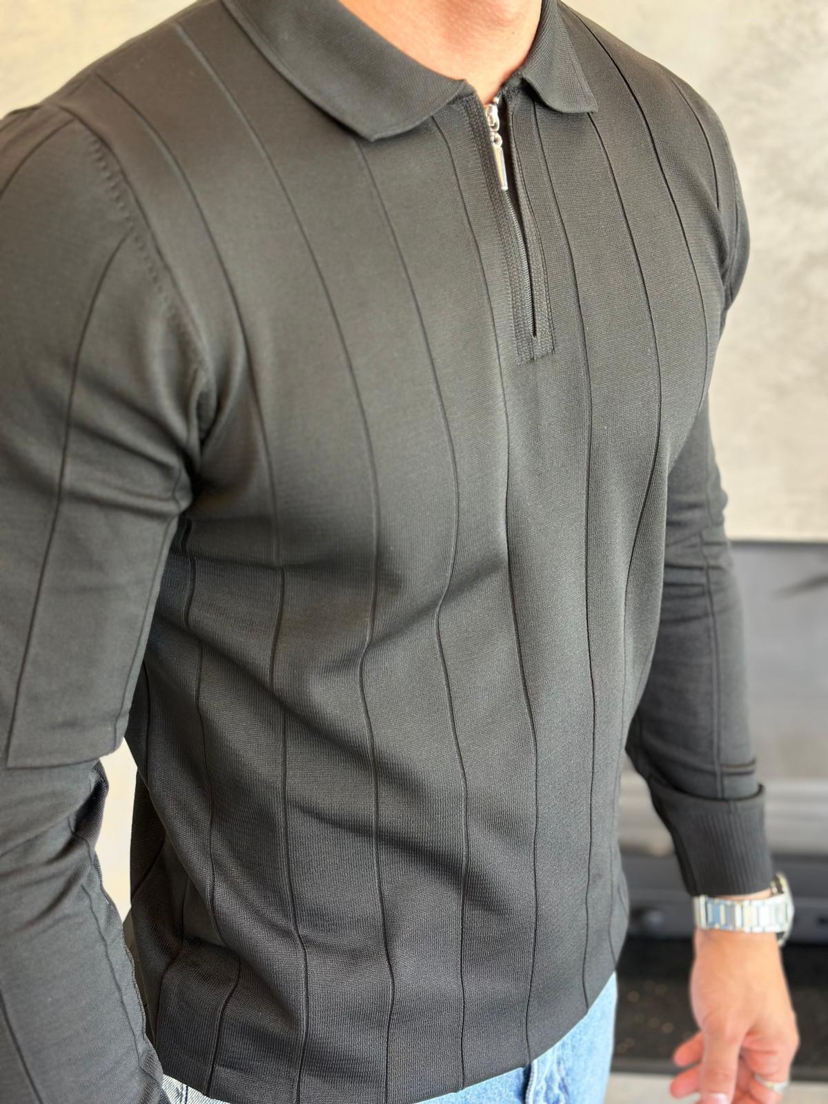 Erkek Regular Fit Fermuar Yaka Çizgi Detaylı Triko Kazak Siyah Eca035
