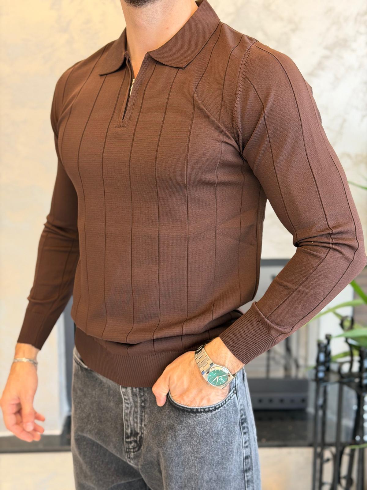 Erkek Regular Fit Fermuar Yaka Çizgi Detaylı Triko Kazak Acı Kahve Eca035