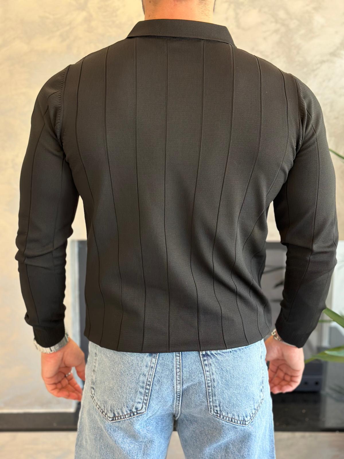 Erkek Regular Fit Fermuar Yaka Çizgi Detaylı Triko Kazak Siyah Eca035