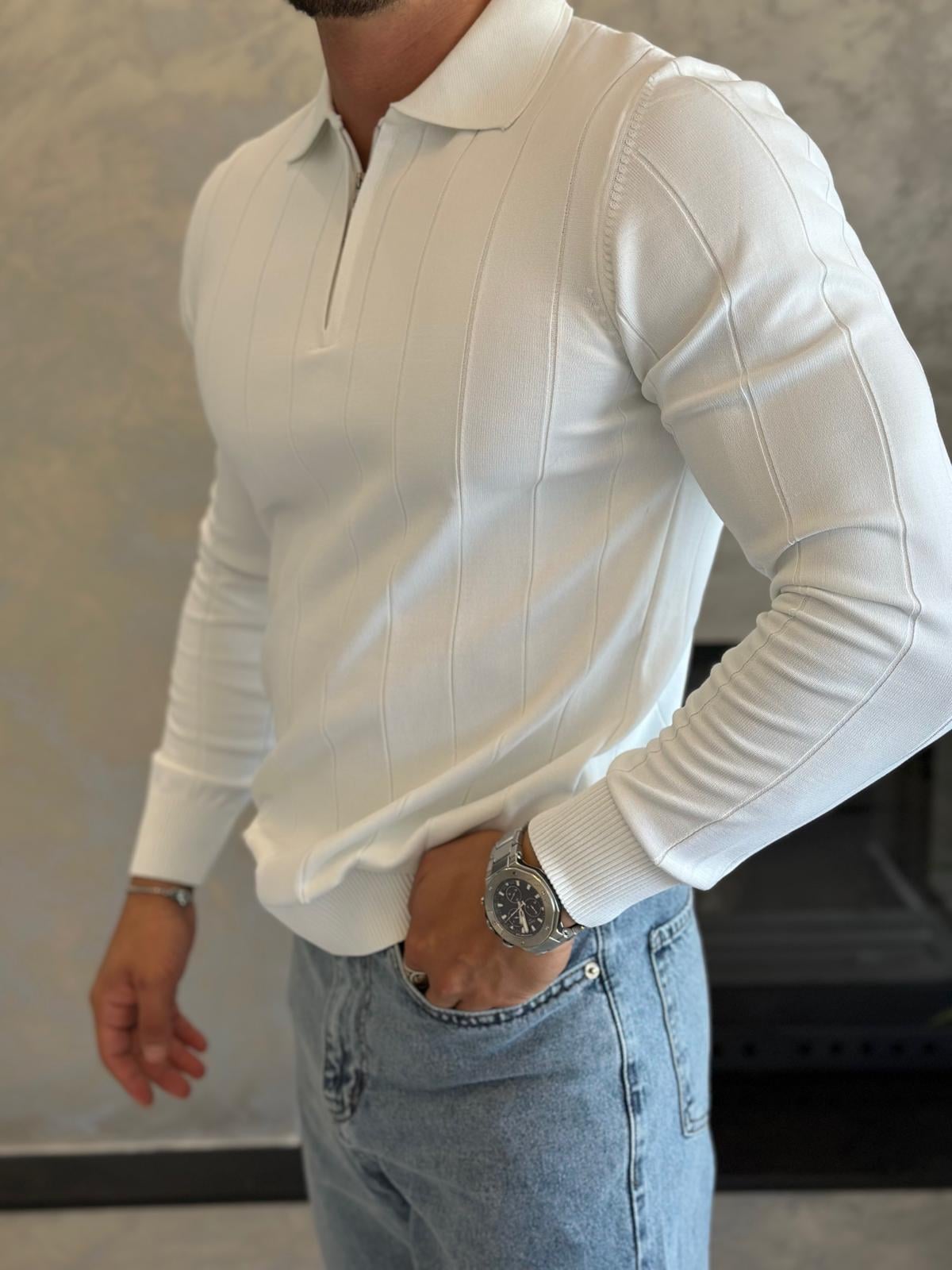 Erkek Regular Fit Fermuar Yaka Çizgi Detaylı Triko Kazak Beyaz Eca035