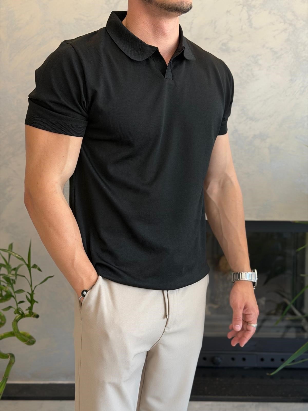 Erkek Regular Fit Kapamasız Polo Tshirt Siyah  Eca084