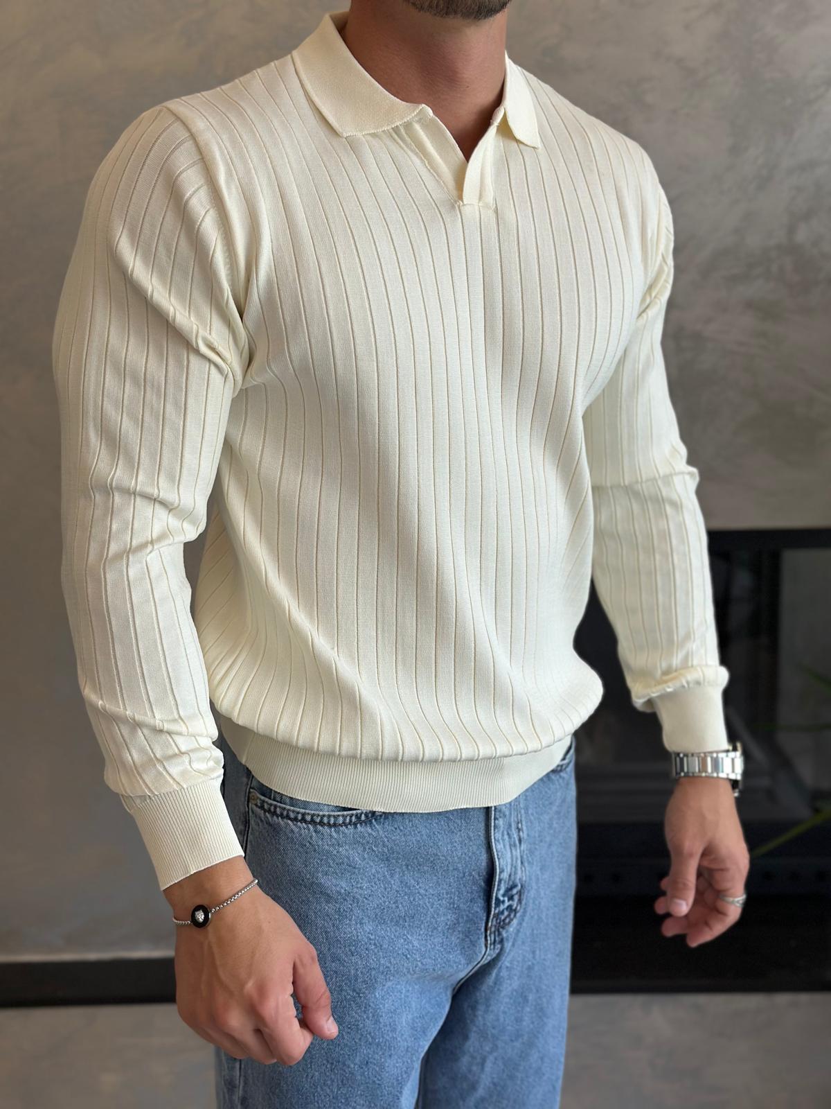 Erkek Regular Fit Polo Yaka Fitilli Triko Kazak Krem Eca046
