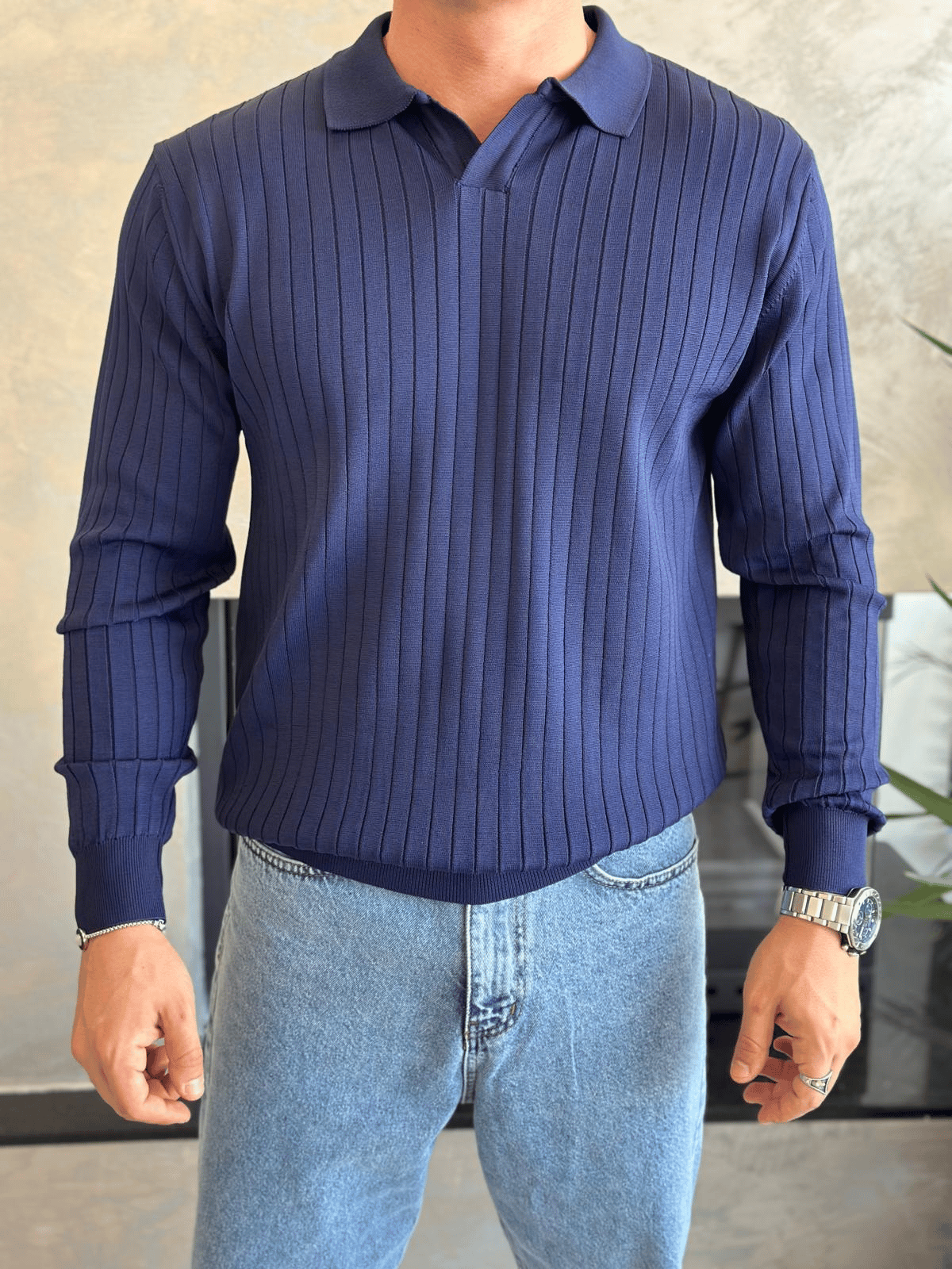 Erkek Regular Fit Polo Yaka Fitilli Triko Kazak Lacivert Eca046