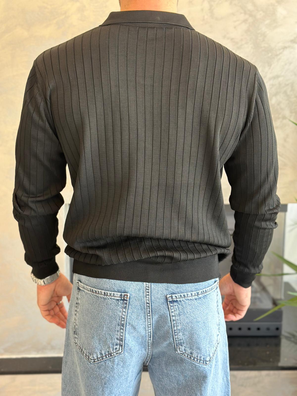 Erkek Regular Fit Polo Yaka Fitilli Triko Kazak Siyah Eca046