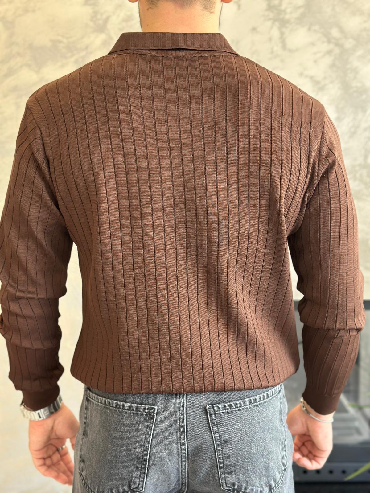 Erkek Regular Fit Polo Yaka Fitilli Triko Kazak Acı Kahve  Eca046