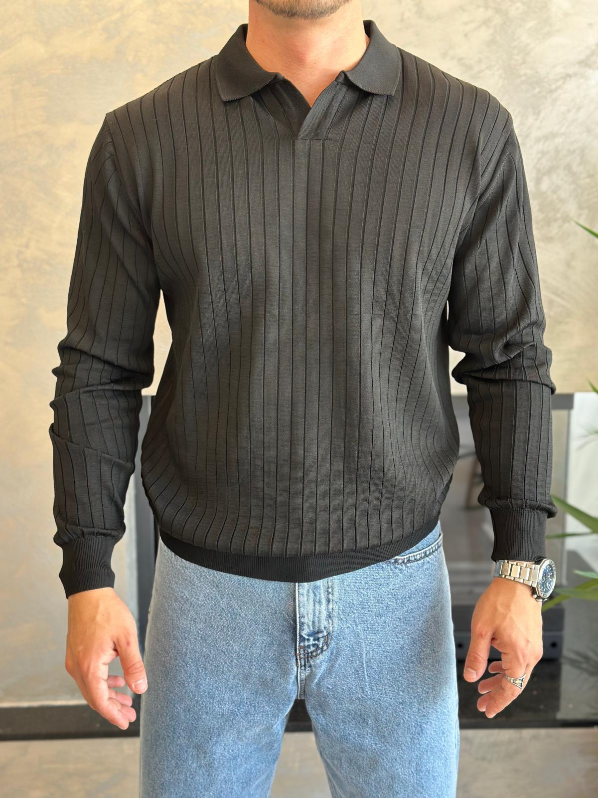 Erkek Regular Fit Polo Yaka Fitilli Triko Kazak Siyah Eca046